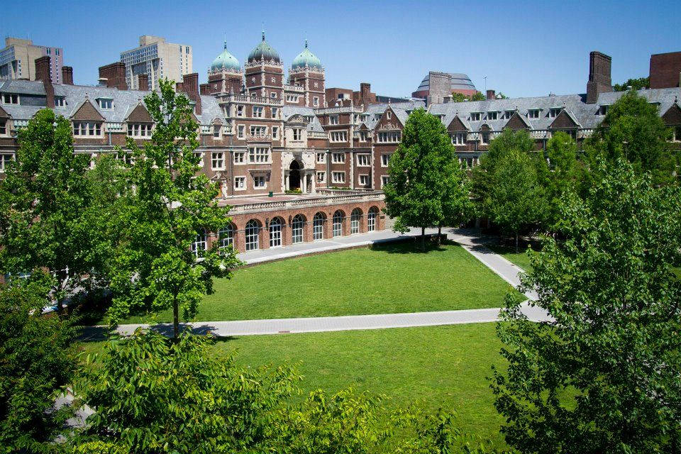 University Of Pennsylvania 桌布 壁紙 — 一座宏偉的歷史磚造大學建築，擁有綠色圓頂，俯瞰著陽光普照的庭院，四周環繞著茂密的樹木和鋪砌的小徑。
