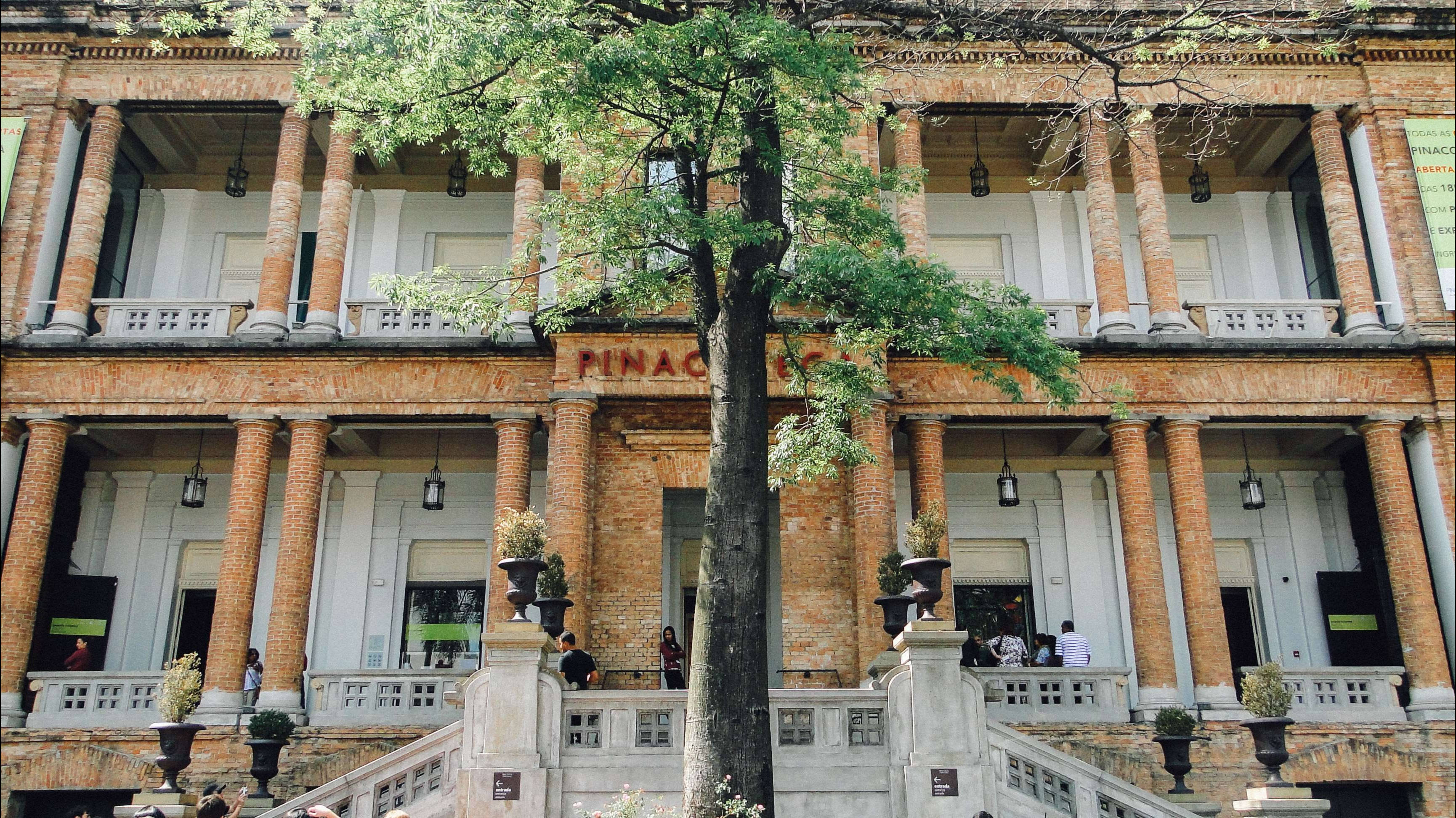 巴西 桌布 壁紙 — 一座宏偉的殖民地風格磚砌建築，擁有白色柱子和陽台，被一棵大綠樹遮蔭。