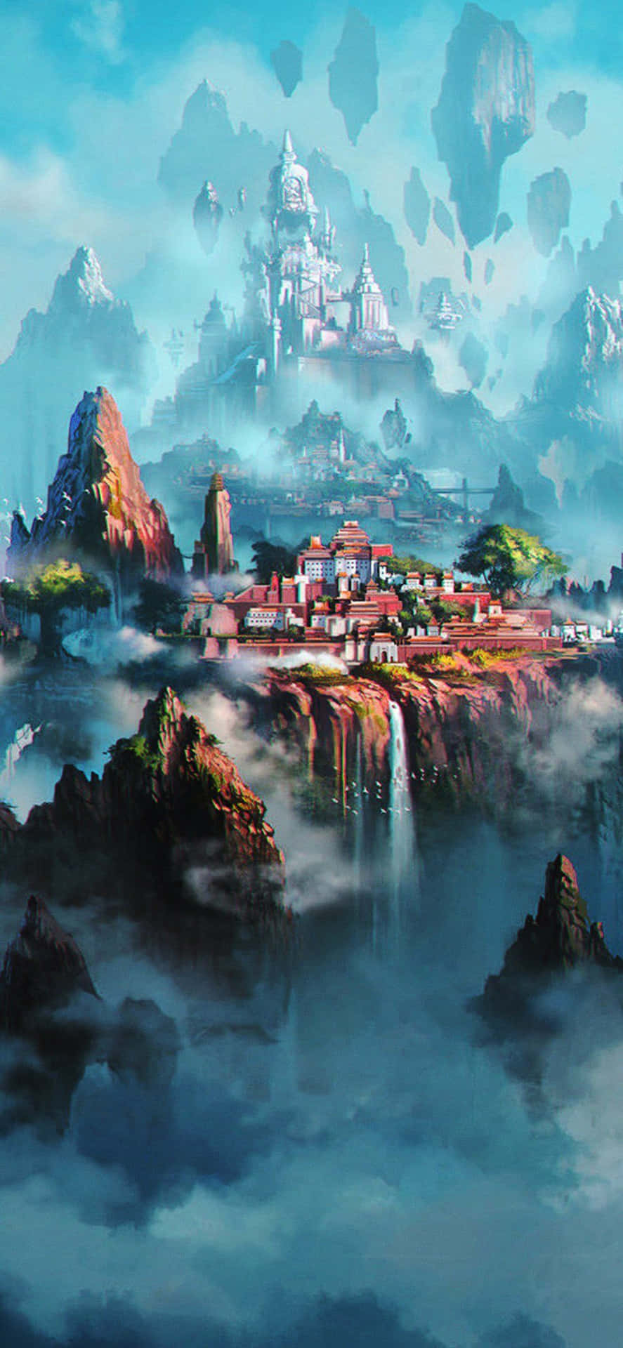 Konoha 桌布 壁紙 — 一座宏偉的浮空城堡和懸崖村莊，坐落在雲霧繚繞的山巒與層疊瀑布之間。