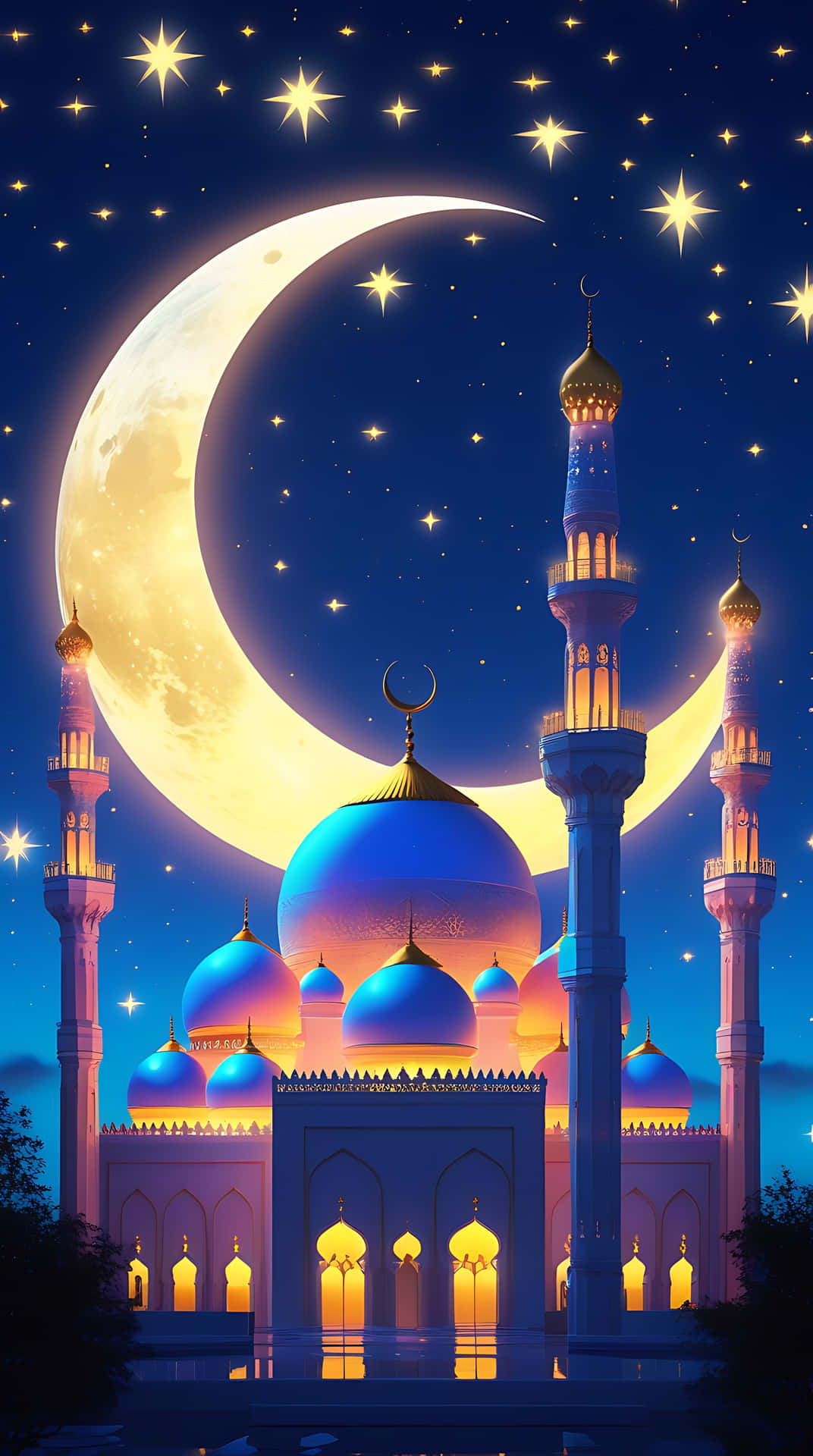 Enchanted Ramadan Night with Mosque and Crescent Moon. smartphone wallpaper 壁紙 — 一座宏偉的清真寺，帶有發光的圓頂和宣禮塔，矗立在繁星點點和巨大新月裝飾的廣闊夜空下。
