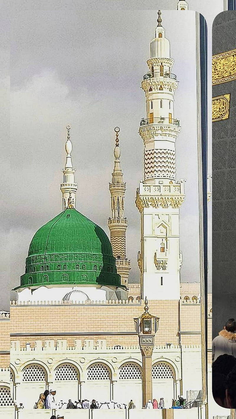 Madina Sharif 桌布 壁紙 — 一座宏偉的清真寺，擁有充滿活力的綠色圓頂和華麗的白色宣禮塔，矗立在多雲的天空下，下方有遊客。