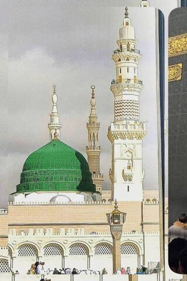 Madina 桌布 壁紙 — 一座宏偉的清真寺，擁有充滿活力的綠色圓頂和高聳的白色宣禮塔，天空多雲。