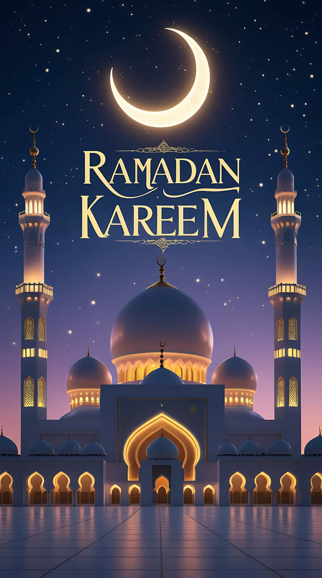 Ramadan Kareem: Illuminated Mosque Under a Crescent Moon. smartphone wallpaper 壁紙 — 一座宏偉的清真寺在繁星點點的夜空下亮起燈光，伴隨著閃爍的新月和「Ramadan Kareem」文字。