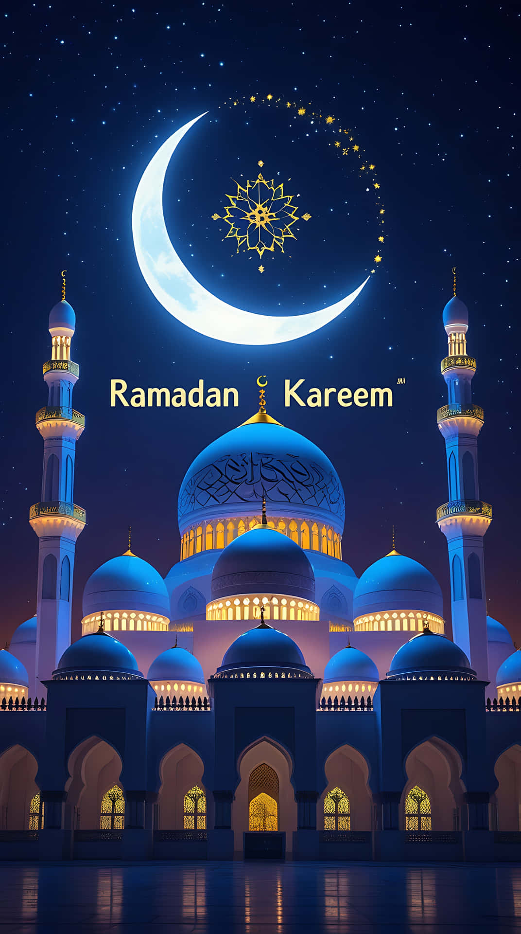 Ramadan Kareem: Illuminated Mosque Under a Crescent Moon. smartphone wallpaper 壁紙 — 一座宏偉的清真寺在繁星點點的夜空下亮起燈光，上方有發光的彎月和金色星爆。