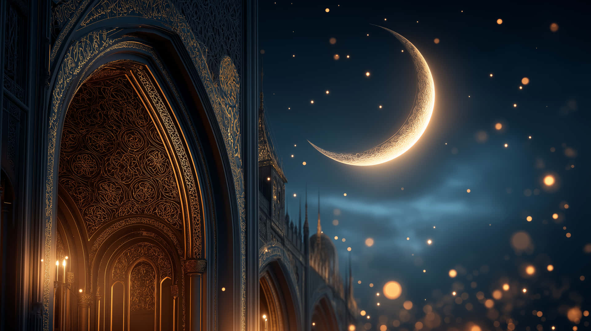Ornate Structure Under a Glowing Crescent Moon and Stars 壁紙 — 一座宏偉的清真寺拱門在新月與星空下閃耀著溫暖的金色散景燈光。