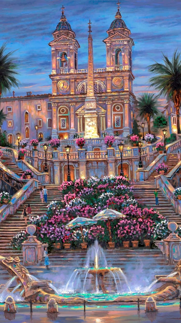stairs 桌布 壁紙 — 一座宏偉的照明噴泉在黃昏時分在雄偉的宮殿下方流淌，周圍環繞著層疊的粉紅色花朵和棕櫚樹。