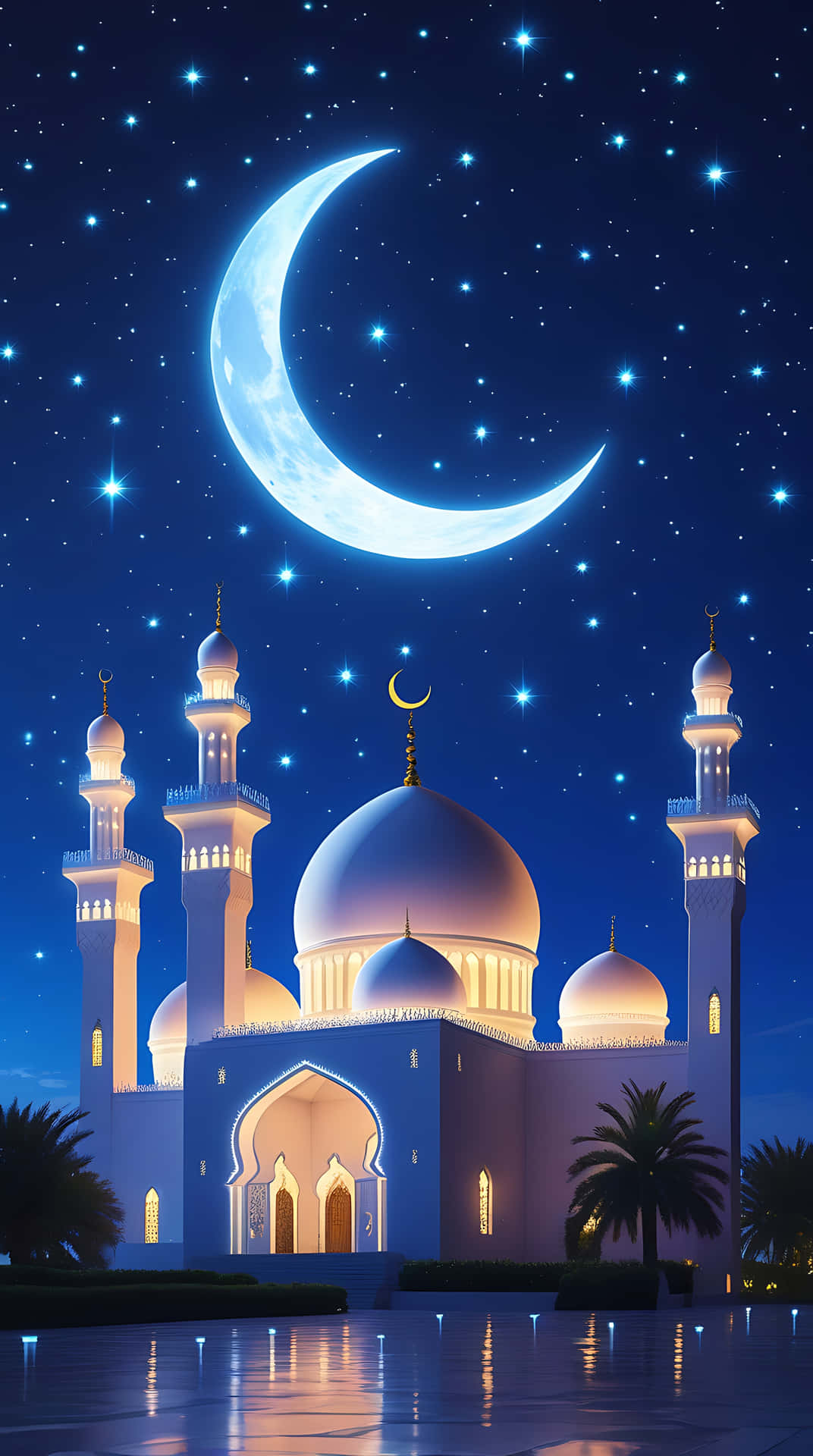 Enchanted Ramadan Night with Mosque and Crescent Moon. smartphone wallpaper 壁紙 — 一座宏偉的照明清真寺，帶有圓頂和宣禮塔，在繁星點點的夜空下閃耀，伴隨著一輪巨大的新月。