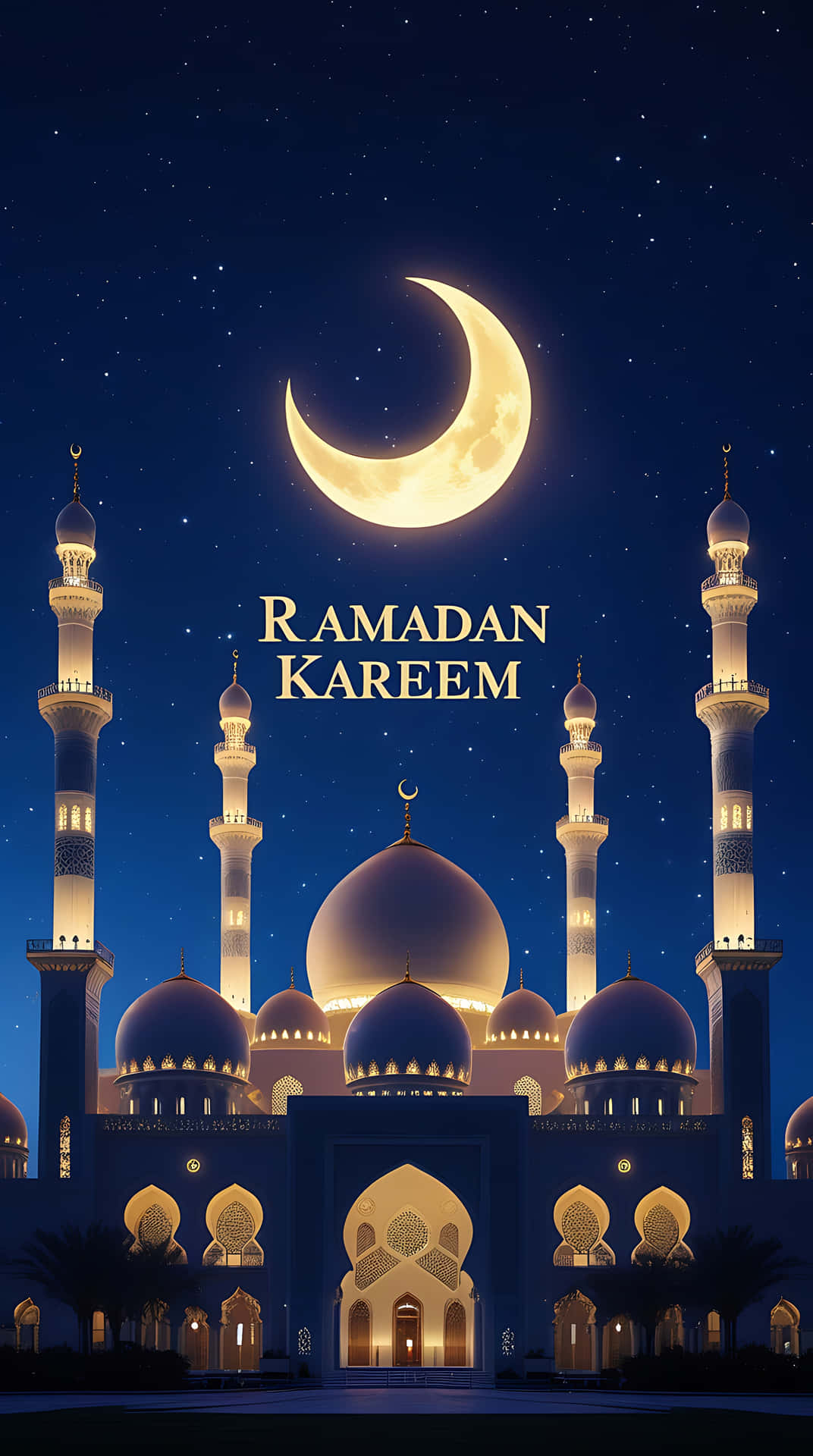 Ramadan Kareem: Illuminated Mosque Under a Crescent Moon. smartphone wallpaper 壁紙 — 一座宏偉的燈光清真寺，帶有發光的圓頂和宣禮塔，矗立在繁星點點的夜空下，伴隨著明亮的彎月和「Ramadan Kareem」文字。