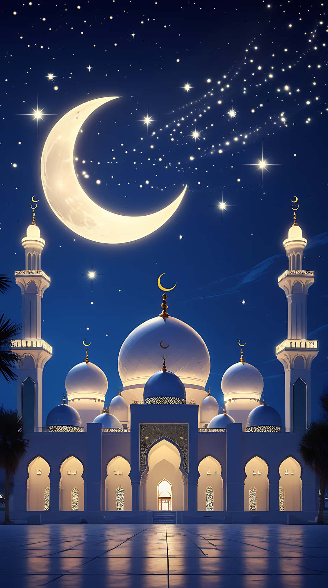 Enchanted Ramadan Night with Mosque and Crescent Moon. smartphone wallpaper 壁紙 — 一座宏偉的燈光清真寺，擁有圓頂和宣禮塔，矗立在繁星點點的夜空下，伴隨著閃耀的新月。