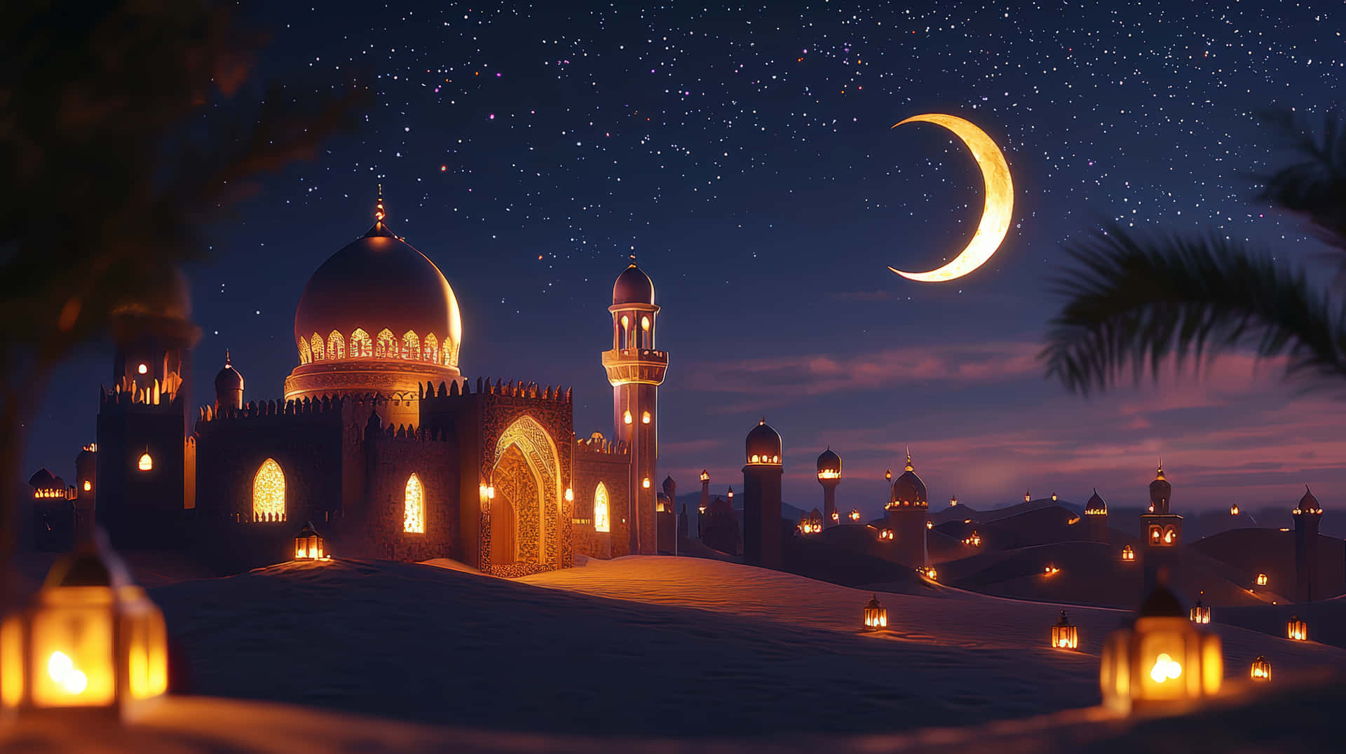 Serene night at illuminated mosque with crescent moon and stars. 壁紙 — 一座宏偉的燈光清真寺，擁有金色圓頂和宣禮塔，矗立在沙漠中，星空下有一彎新月和發光的燈籠。