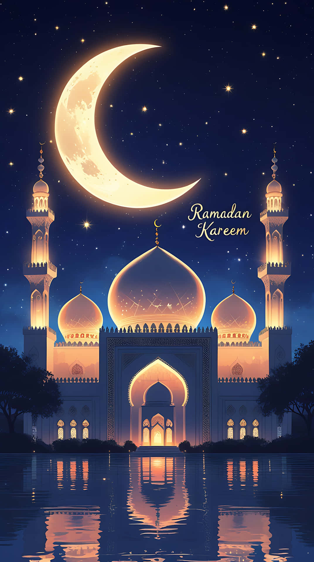 Mystical Ramadan Night with Illuminated Mosque and Crescent Moon. smartphone wallpaper 壁紙 — 一座宏偉的燈光清真寺，擁有金色圓頂和宣禮塔，在平靜的水面上倒映，下方是閃爍的彎月和繁星夜空。