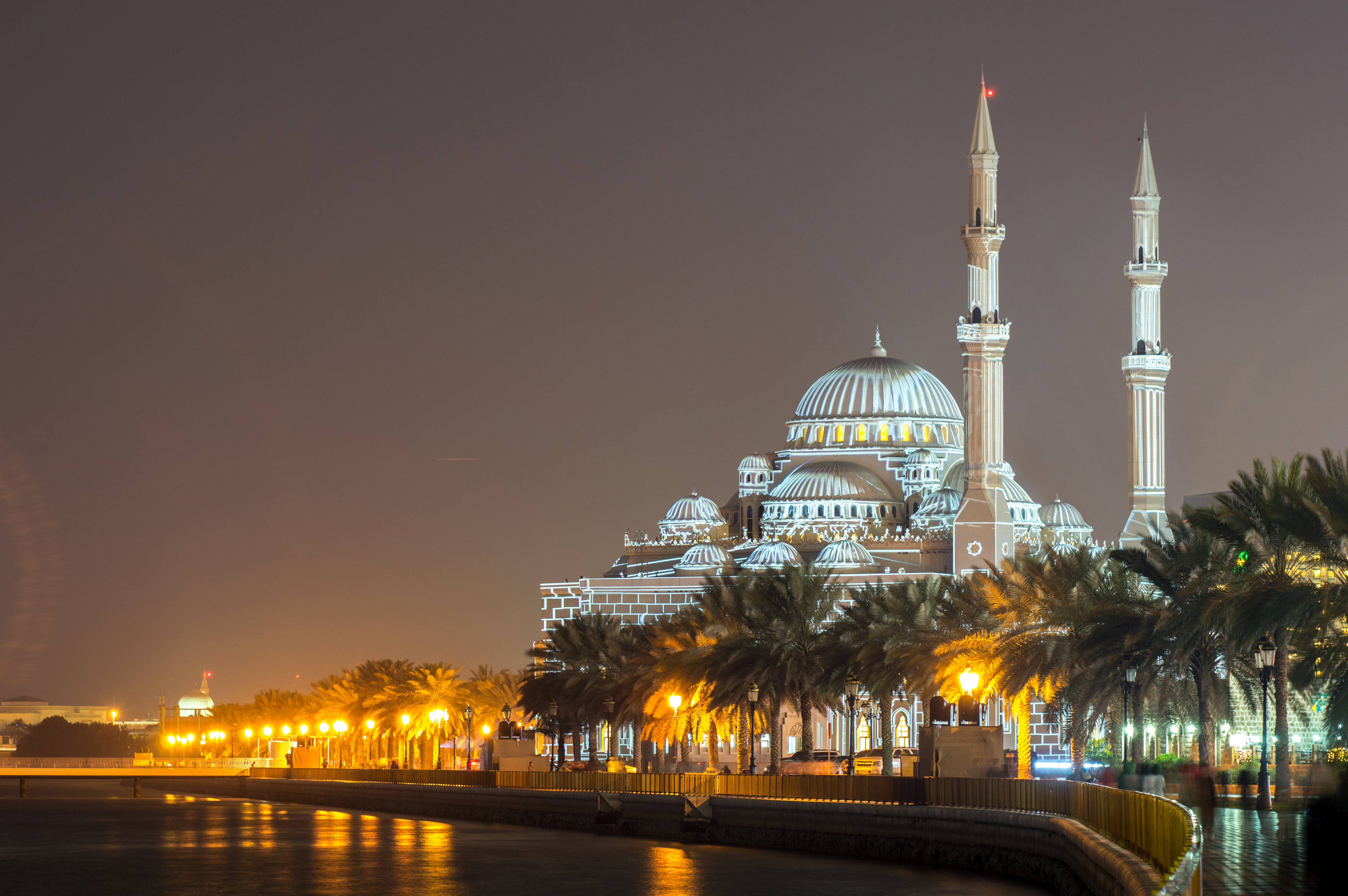Arab 桌布 壁紙 — 一座宏偉的燈光清真寺，擁有雙宣禮塔和圓頂，在夜晚平靜的水面上倒映，周圍環繞著棕櫚樹和發光的街燈。