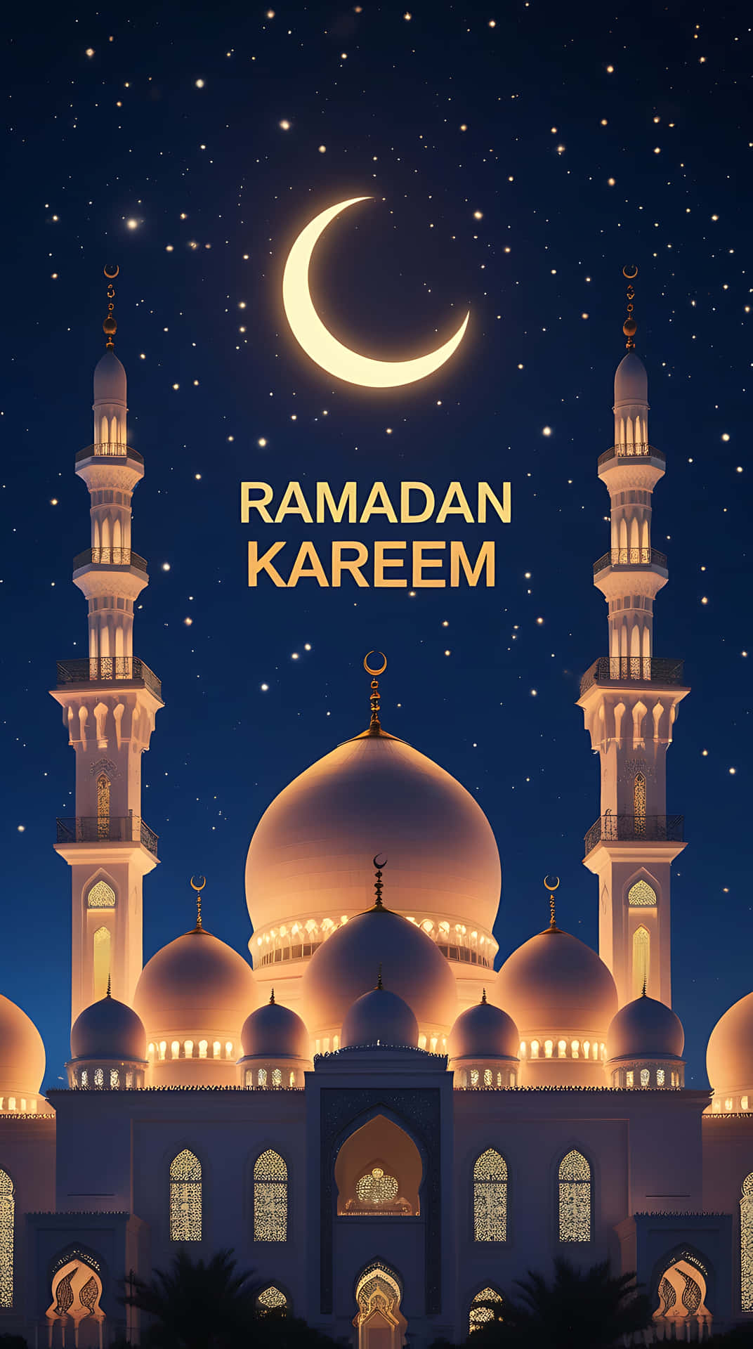 Ramadan Kareem: Illuminated Mosque Under a Crescent Moon. smartphone wallpaper 壁紙 — 一座宏偉的燈光清真寺，發光的圓頂和宣禮塔，矗立在繁星點點的夜空下，有新月和「齋月吉祥」文字。