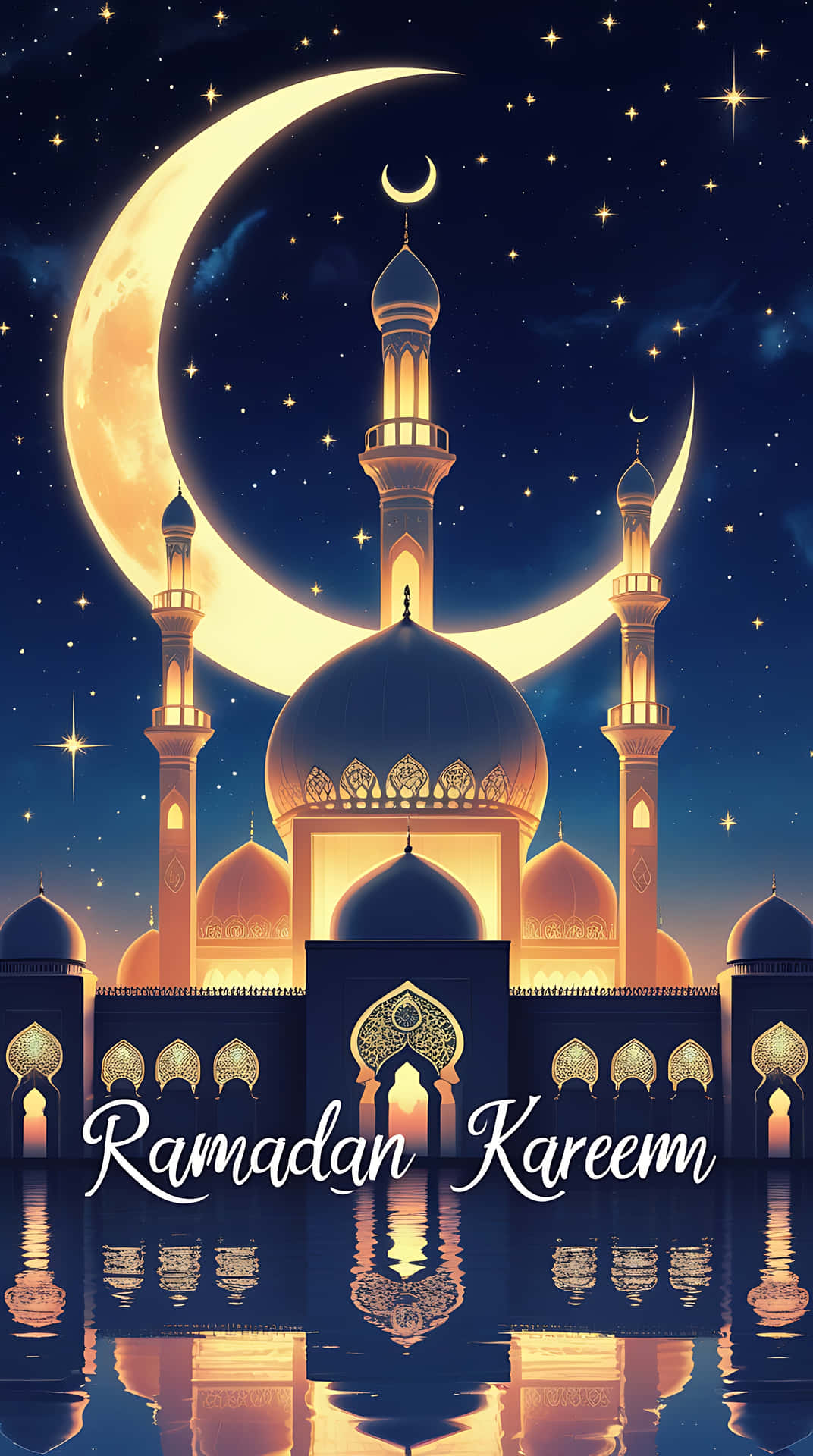 Mystical Ramadan Night with Illuminated Mosque and Crescent Moon. smartphone wallpaper 壁紙 — 一座宏偉的燈光清真寺，金色圓頂和宣禮塔在閃爍的新月和星空夜空下倒映在水中。