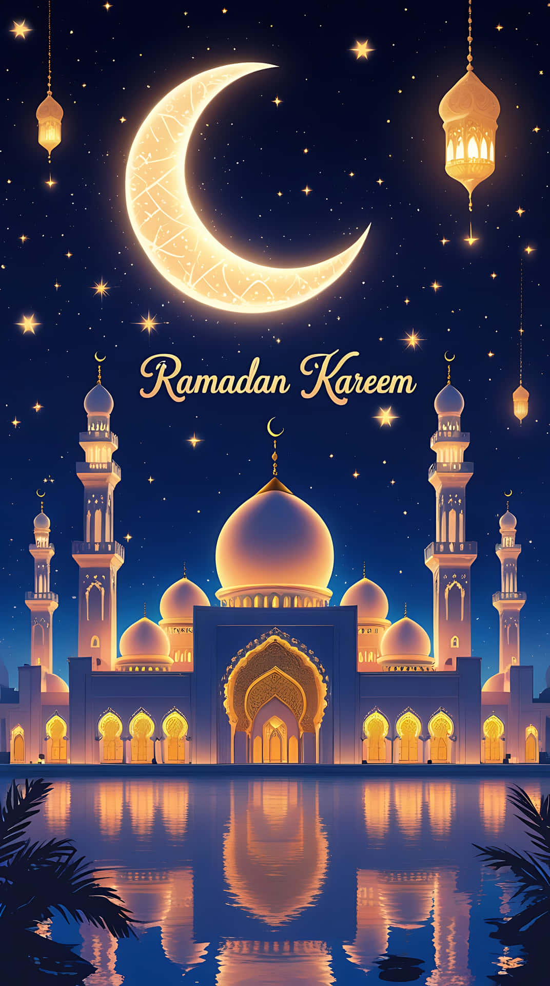 Mystical Ramadan Night with Illuminated Mosque and Crescent Moon. smartphone wallpaper 壁紙 — 一座宏偉的燈光清真寺在彎月和星星下，懸掛燈籠倒映在水中。