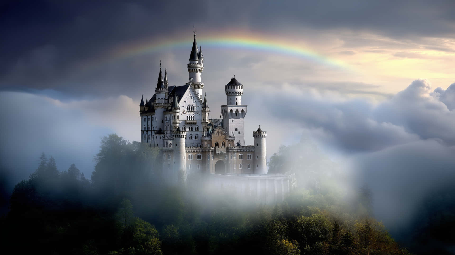 Enchanted Castle on Cloud: Fantasy Realm Landscape 壁紙 — 一座宏偉的白色城堡，尖塔聳立在霧氣籠罩的森林之上，一道戲劇性的彩虹在暴風雲中拱起。