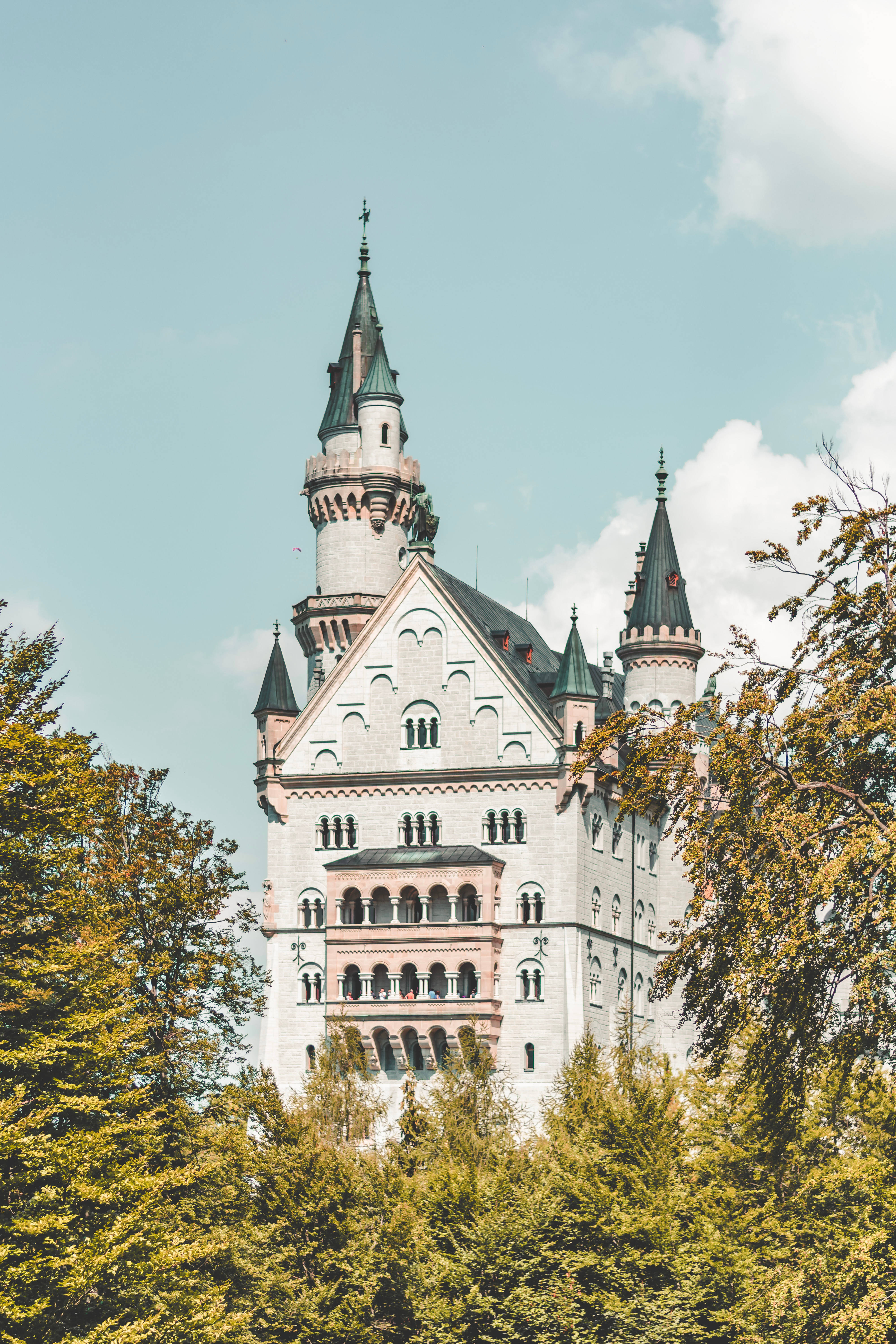 Neuschwanstein Castle 桌布 壁紙 — 一座宏偉的白色城堡，帶有綠色尖頂，在晴朗的藍天下雄偉地聳立在茂密的綠樹之上。
