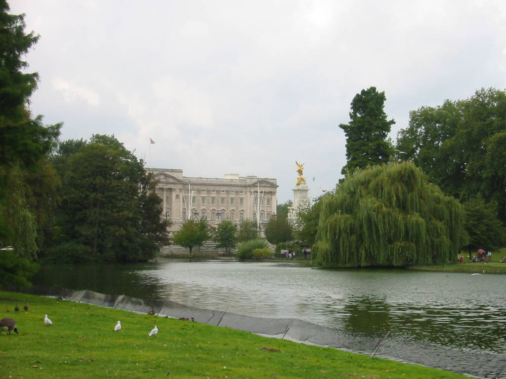 England 桌布 壁紙 — 一座宏偉的白色宮殿矗立在平靜的湖泊後方，周圍環繞著茂密的綠樹和正在覓食的鳥類，天空多雲。