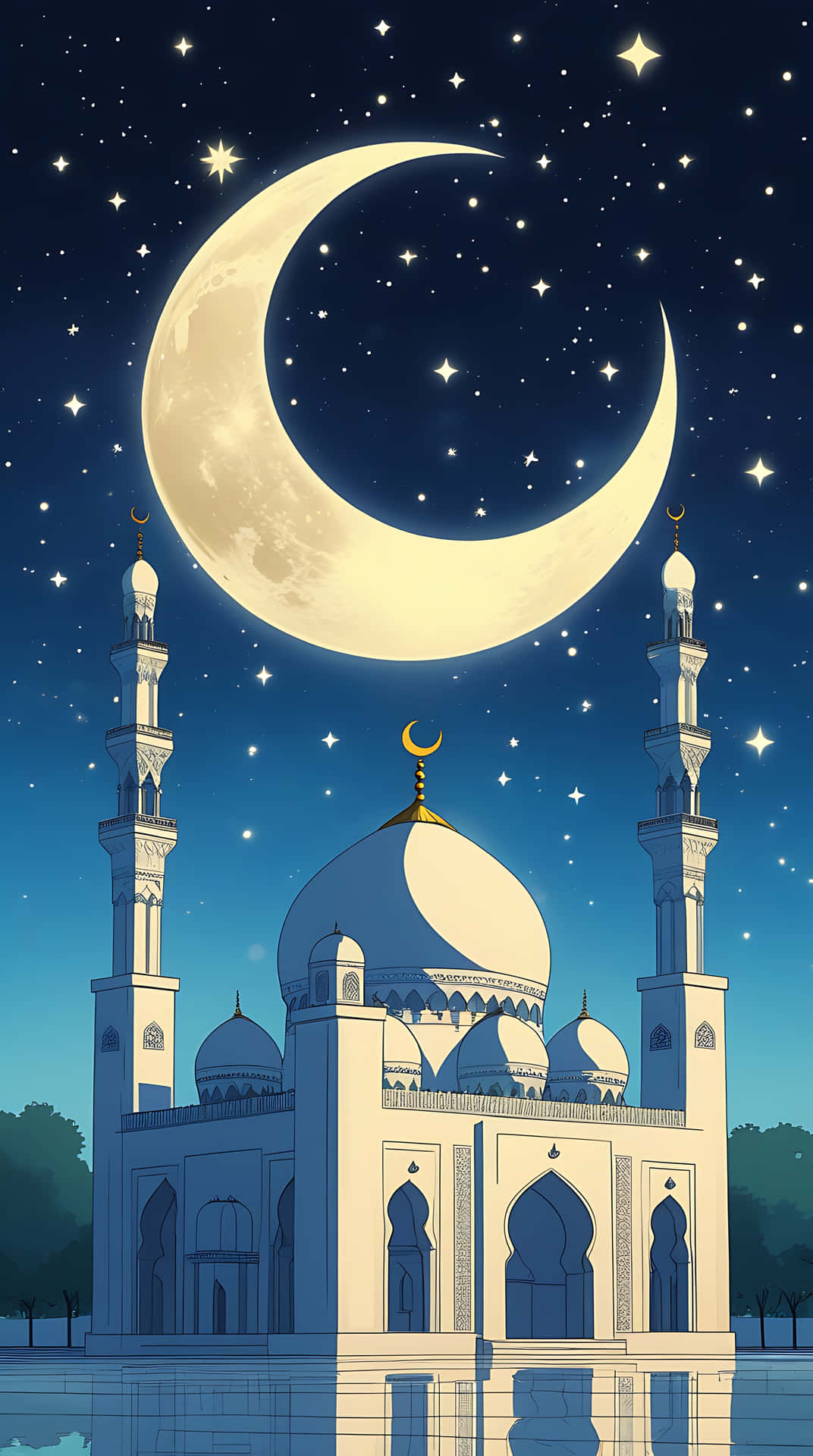 Spiritual Serenity: Mosque Under the Crescent Moon. smartphone wallpaper 壁紙 — 一座宏偉的白色清真寺，擁有圓頂和宣禮塔，矗立在廣闊的夜空下，夜空由發光的彎月和閃爍的星星主導。
