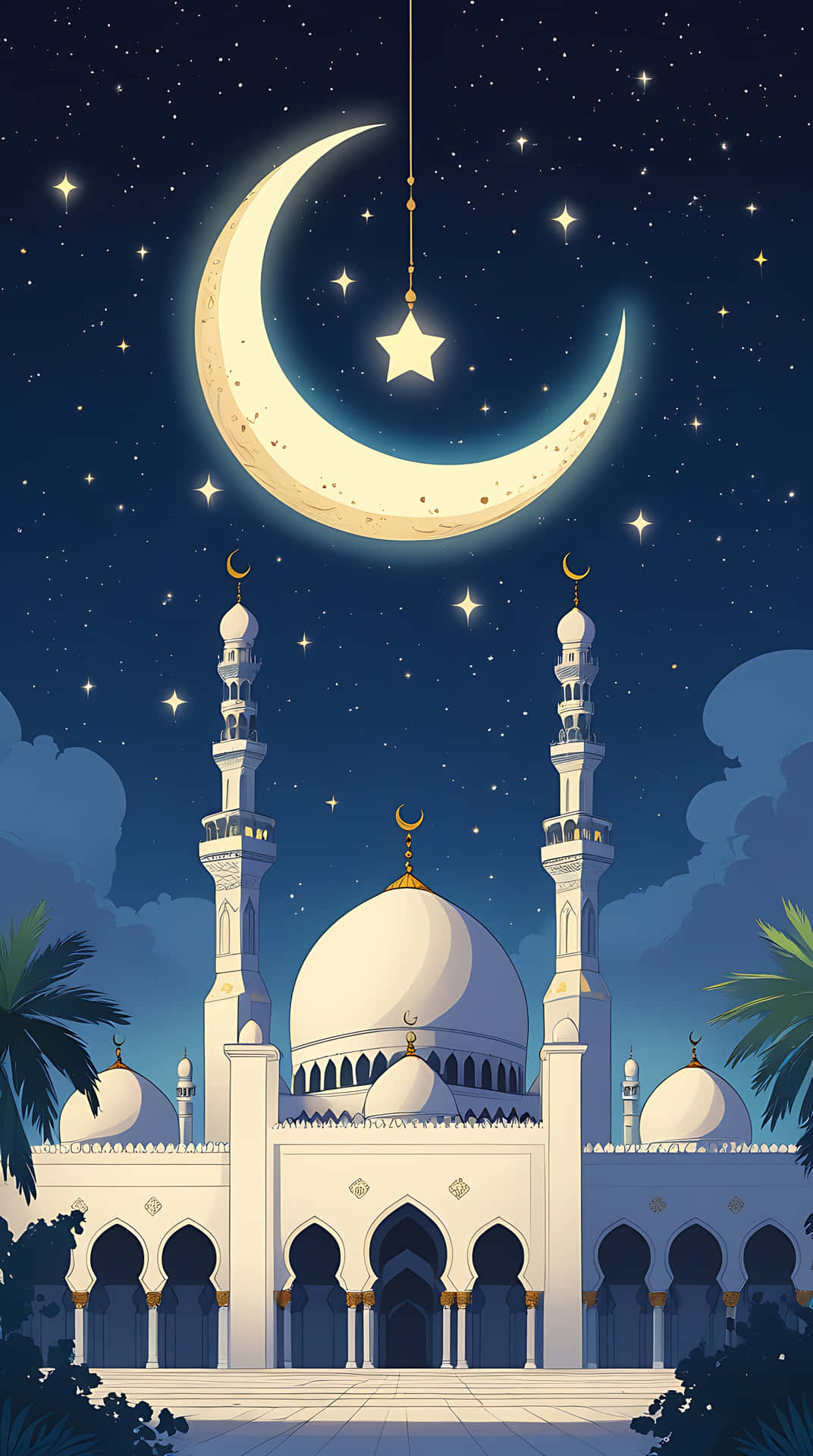 Spiritual Serenity: Mosque Under the Crescent Moon. smartphone wallpaper 壁紙 — 一座宏偉的白色清真寺，擁有圓頂和宣禮塔，矗立在繁星點點的夜空下，上方懸掛著發光的彎月和星星。