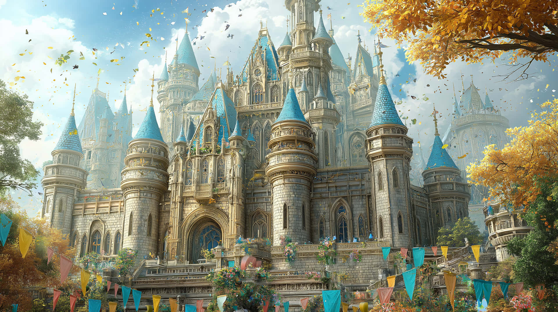 Fairytale Castle Celebration 壁紙 — 一座宏偉的石城堡，帶有藍色圓錐形屋頂，矗立在秋樹之中，色彩繽紛的旗幟在微風中飄揚。