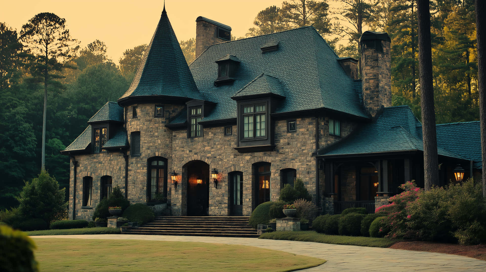 Grand Estate Amidst Lush Forest Setting 壁紙 — 一座宏偉的石砌大宅，擁有深綠色屋頂和溫暖發光的窗戶，在黃金時段雄偉地矗立在森林環境中。