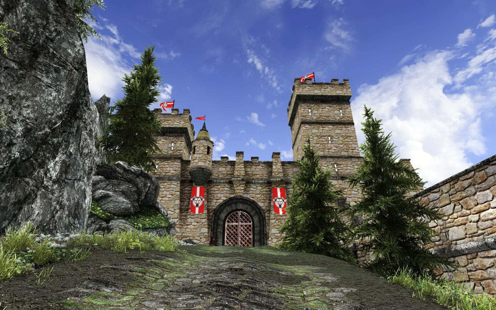 Skyrim Solitude 桌布 壁紙 — 一座宏偉的石頭城堡，帶有紅色旗幟和塔樓，矗立在長滿青苔的山丘上，天空湛藍，白雲朵朵。