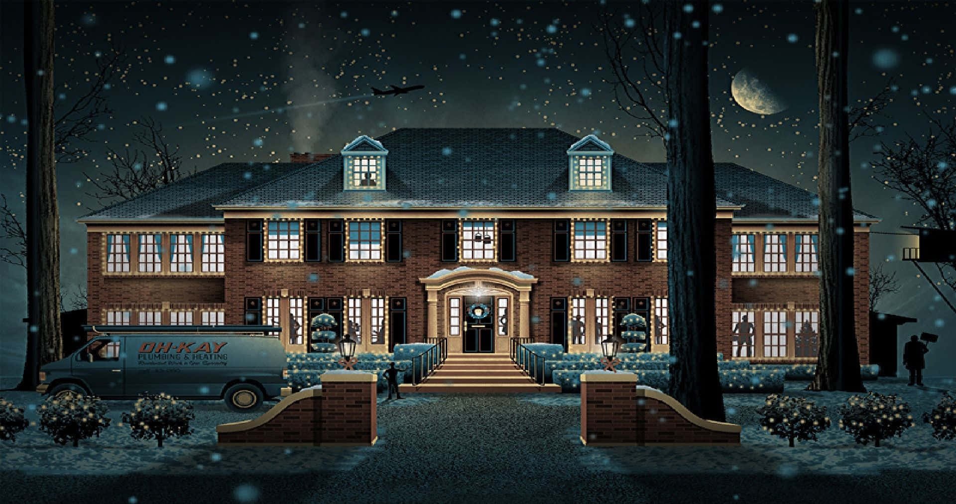 Home 桌布 壁紙 — 一座宏偉的磚砌豪宅在雪夜天空下溫暖地發光，伴隨著新月和飄落的雪花。