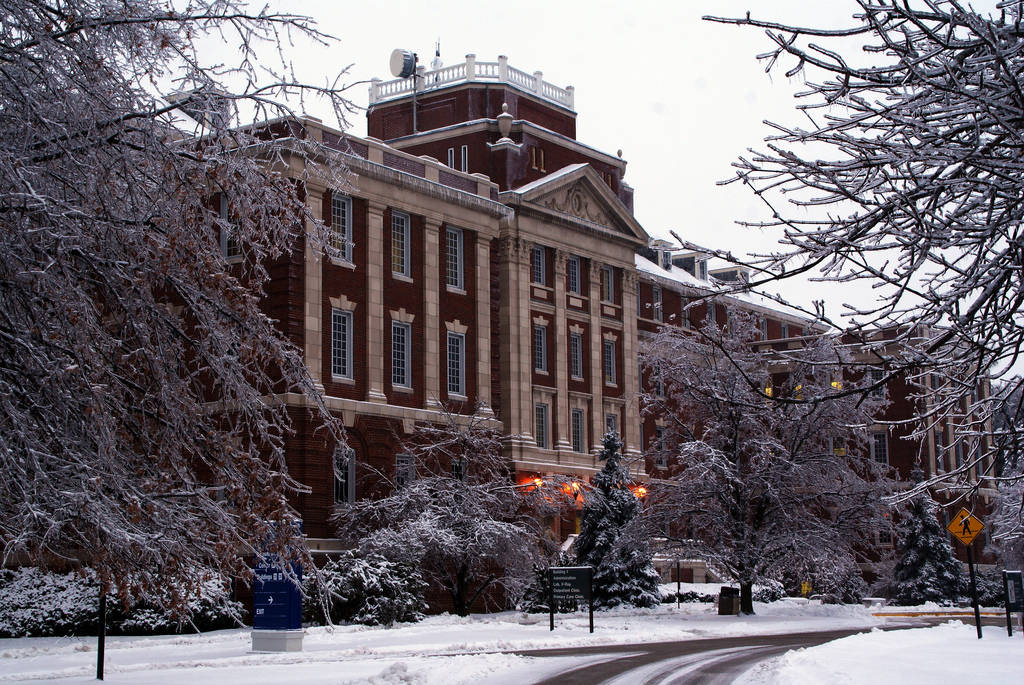 雪 桌布 壁紙 — 一座宏偉的磚造大學建築在白雪覆蓋下靜靜矗立，霜凍的樹木為場景勾勒出框架。