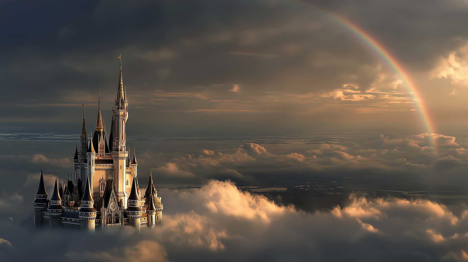 Sunset Fairytale Castle in Clouds with Serene Rainbow 壁紙 — 一座宏偉的童話城堡，尖塔聳立在蓬鬆的雲層之上，一道鮮豔的彩虹在戲劇性的金色天空中劃出弧線。