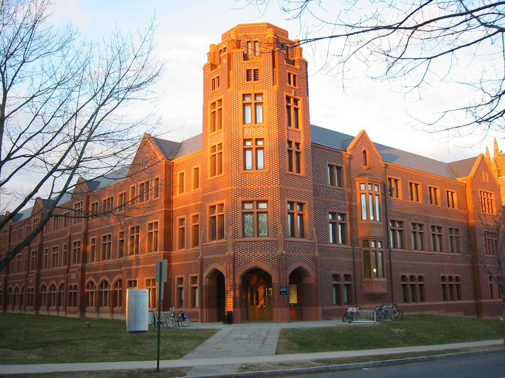 Building 桌布 壁紙 — 一座宏偉的紅磚大學建築沐浴在金黃色的日落光芒中，光禿的樹木框住了整個場景。