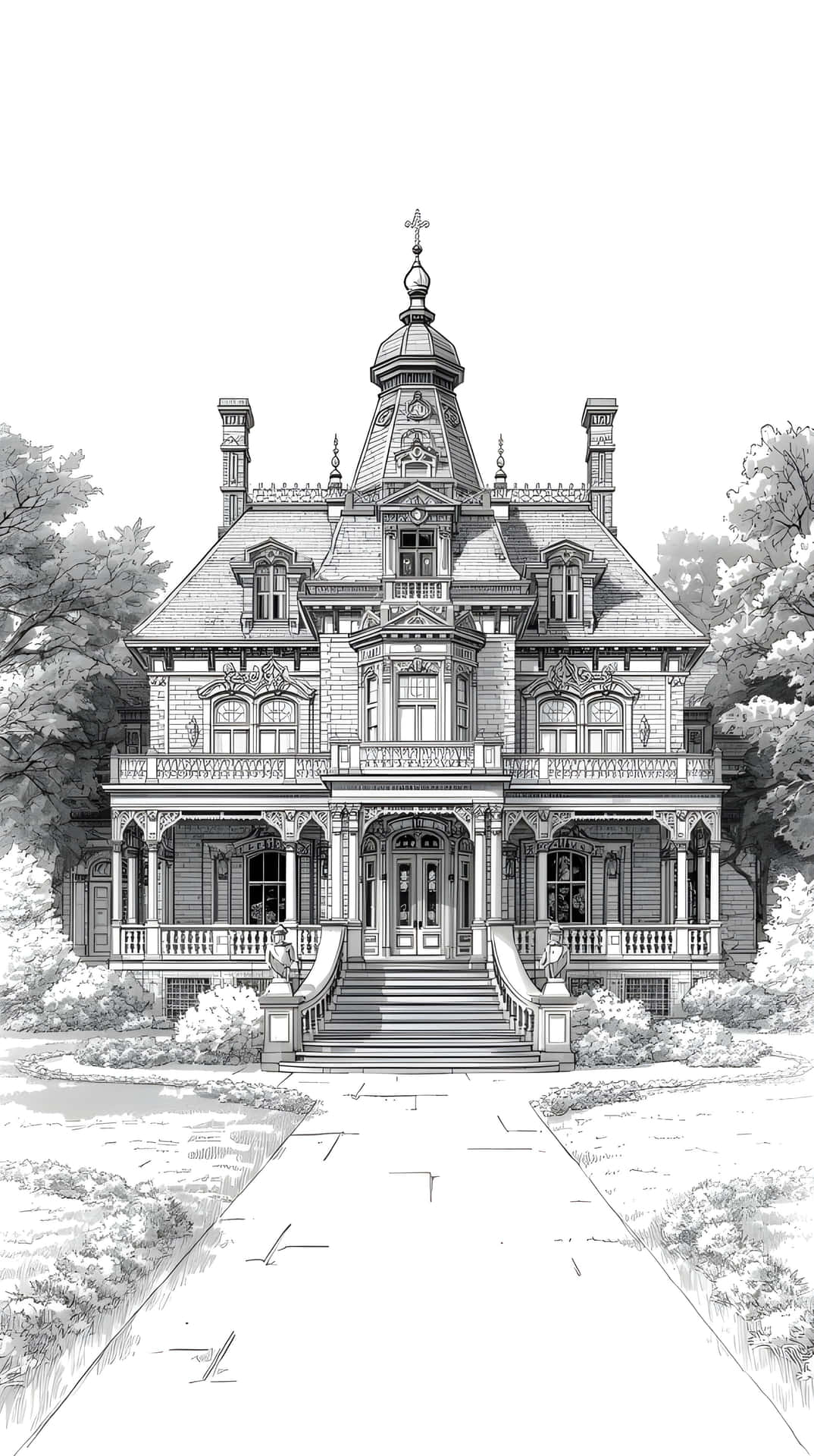 Vintage Luxury Manor House Line Drawing Wallpaper 壁紙 — 一座宏偉的維多利亞式大宅，帶有華麗的塔樓和陽台，矗立在鋪砌小徑的盡頭，四周樹木環繞。