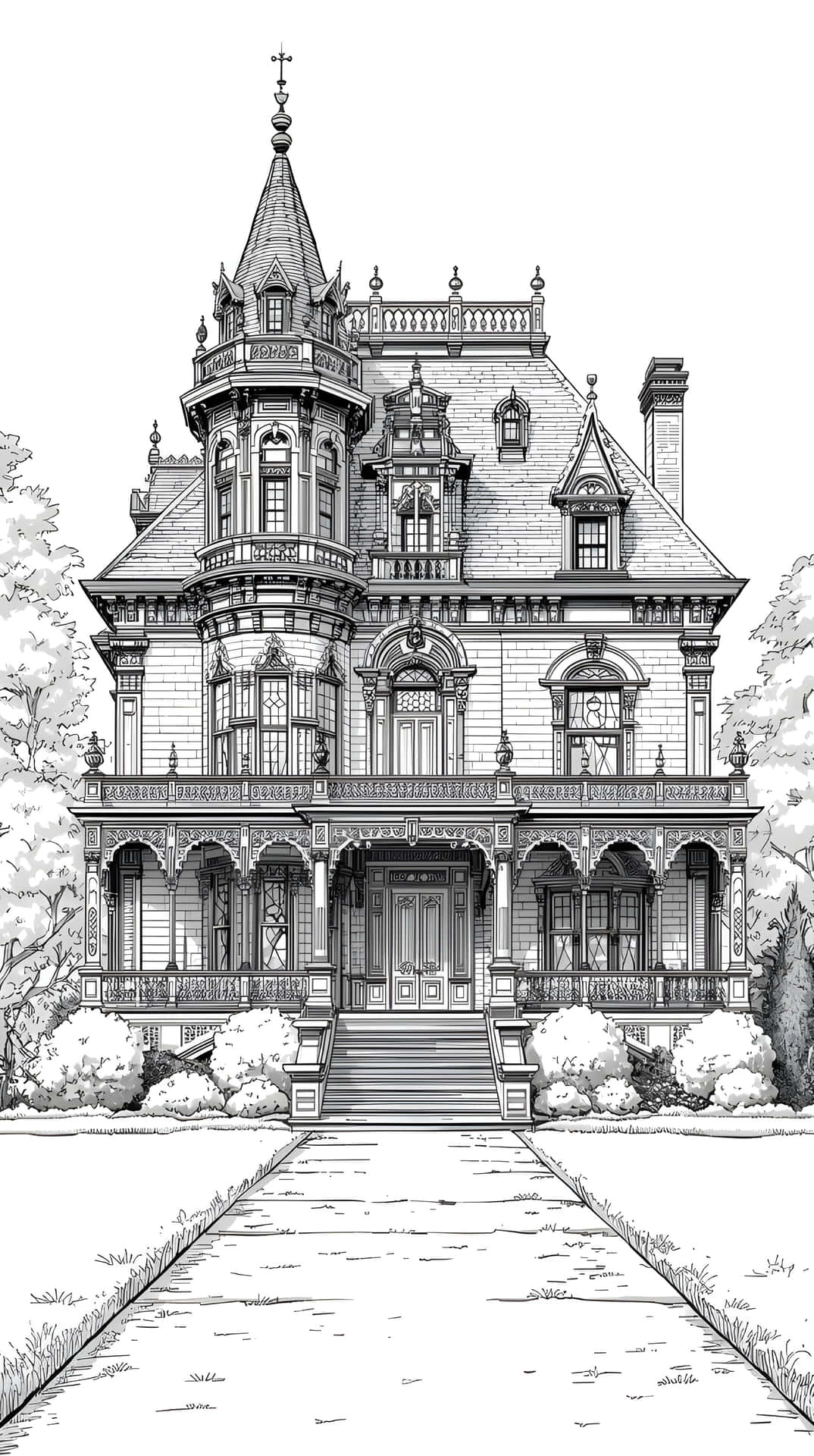 Gothic Revival Mansion with Tower and Stone Pathway 壁紙 — 一座宏偉的維多利亞式豪宅的複雜黑白線條畫，設有塔樓、陽台和中央樓梯，兩旁種有樹木和灌木。