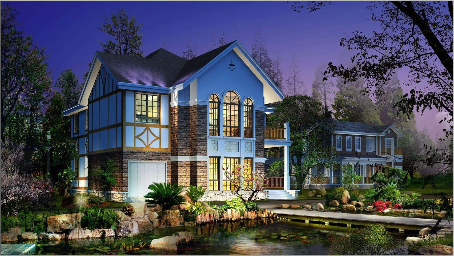 Beautiful House 桌布 壁紙 — 一座宏偉的藍色和石頭都鐸風格房屋，在黃昏時分於寧靜的池塘旁溫暖地發光，四周環繞著茂盛的花園。