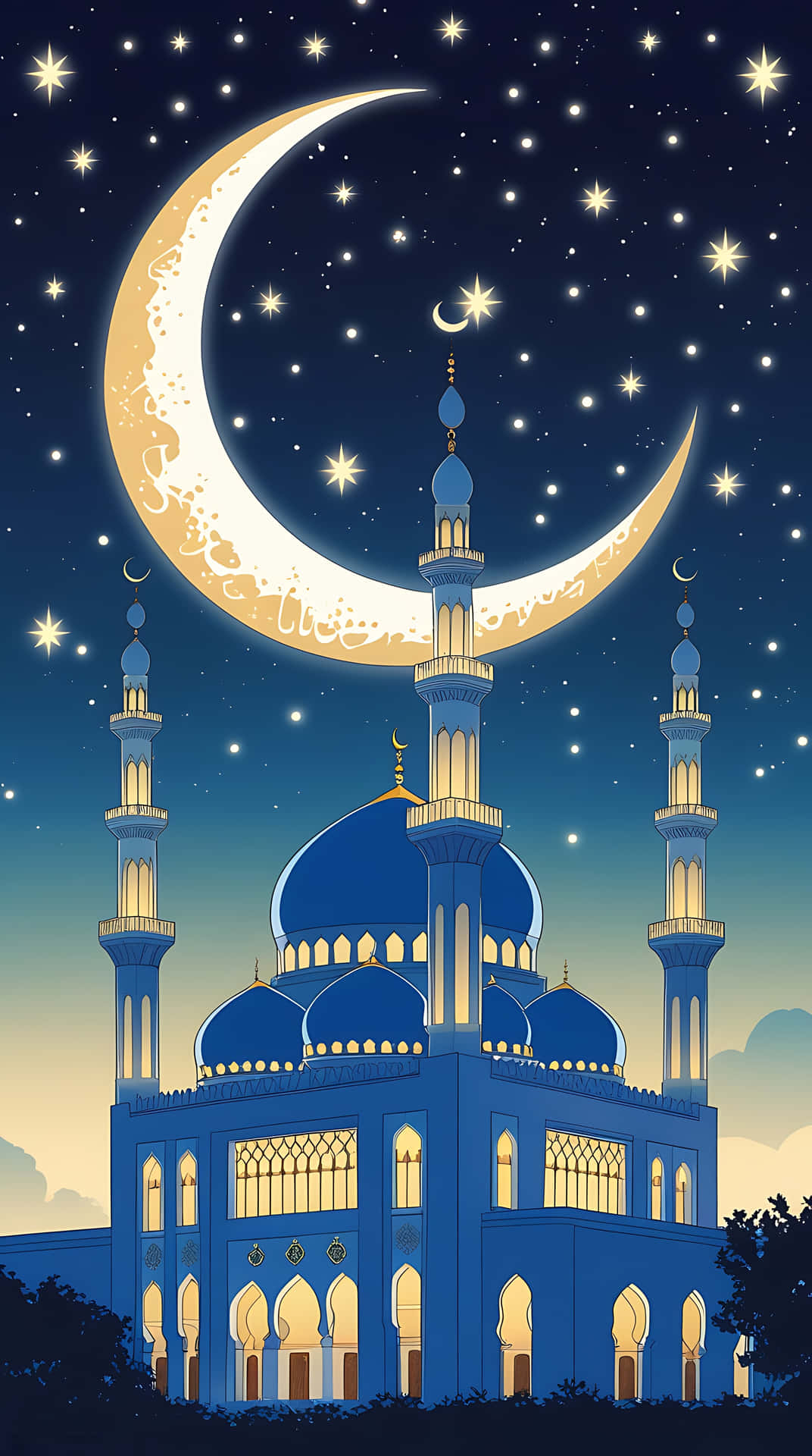 Spiritual Serenity: Mosque Under the Crescent Moon. smartphone wallpaper 壁紙 — 一座宏偉的藍色清真寺，窗戶閃爍著光芒，矗立在寧靜夜空中的新月和閃爍星星之下。