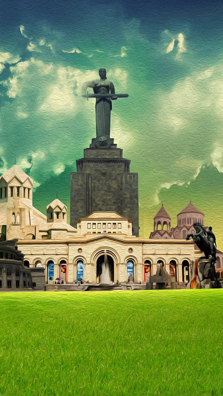 Armenia 桌布 壁紙 — 一座宏偉的雕像矗立在基座上，前方是古典建築，天空呈現鮮豔的綠色，飄著蓬鬆的雲朵。