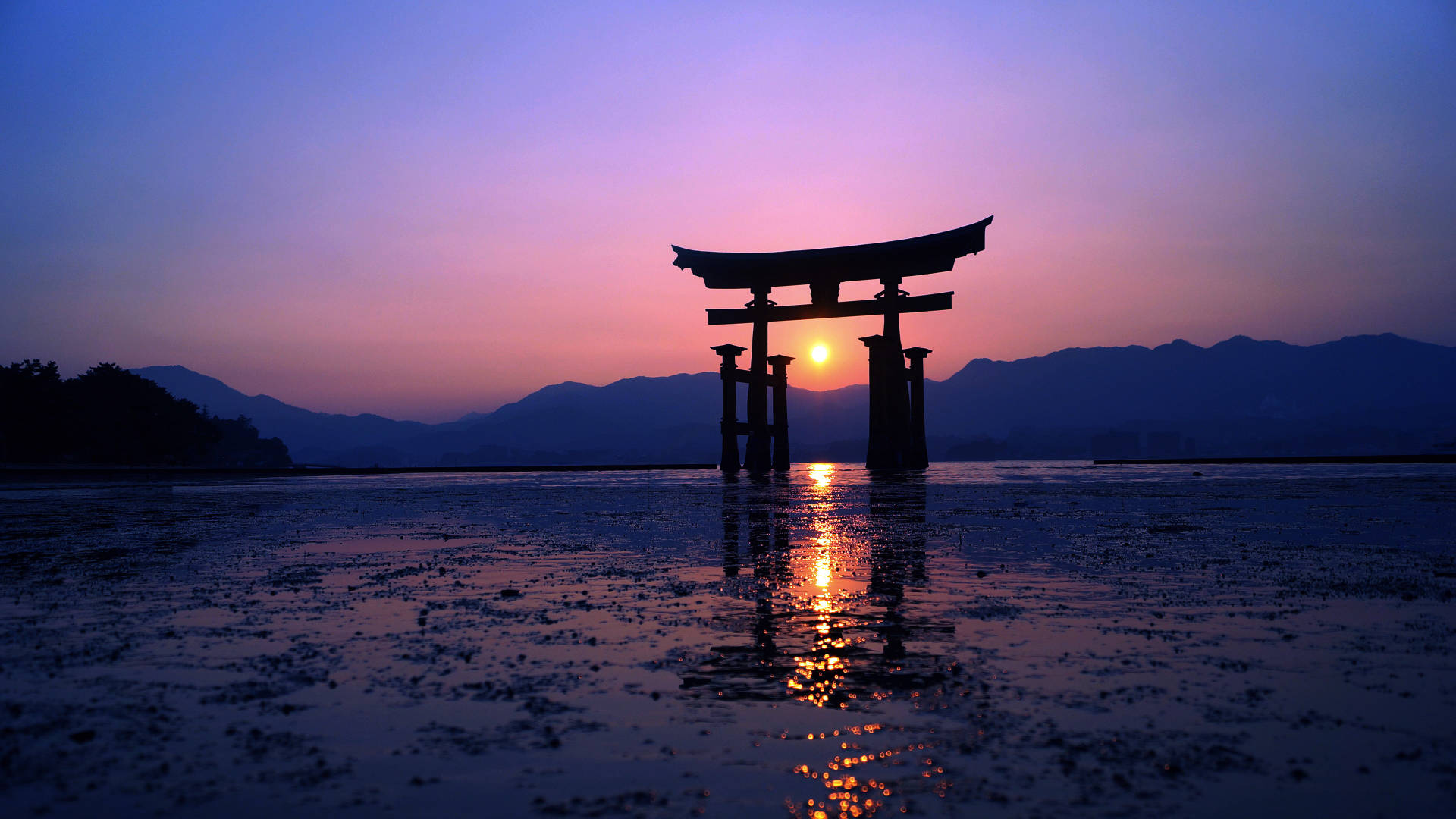 雅虎 桌布 壁紙 — 一座宏偉的鳥居在淺水中呈現剪影，夕陽在其後落下，將溫暖的光芒和倒影投射在濕潤的水面上。