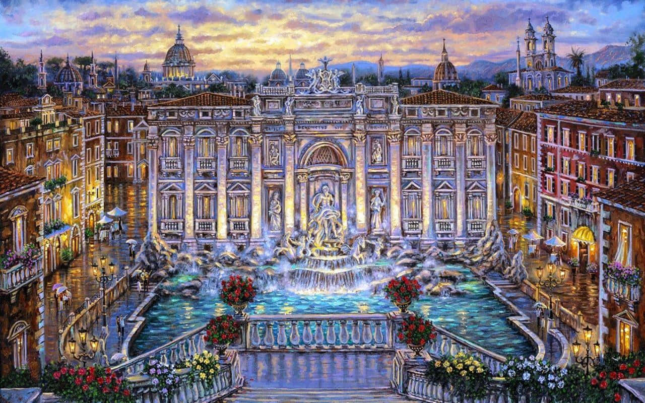 Rome 桌布 壁紙 — 一座宏偉華麗的噴泉，水流層疊，雕像在歐洲城市廣場的暮色中閃耀，周圍是歷史建築和發光的街燈。