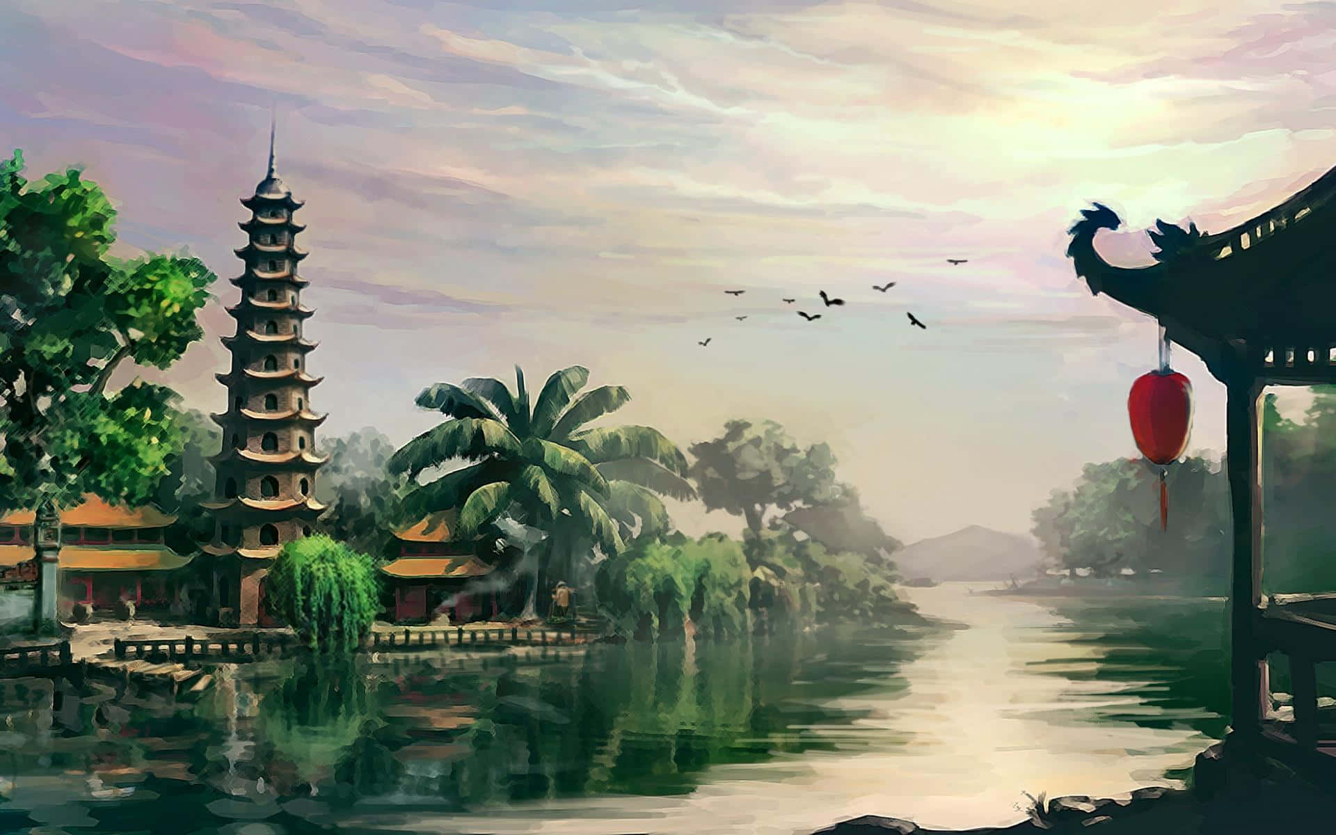 越南 桌布 壁紙 — 一座寧靜的亞洲寶塔矗立在霧氣瀰漫的河邊，棕櫚樹和木製亭子掛著紅燈籠。