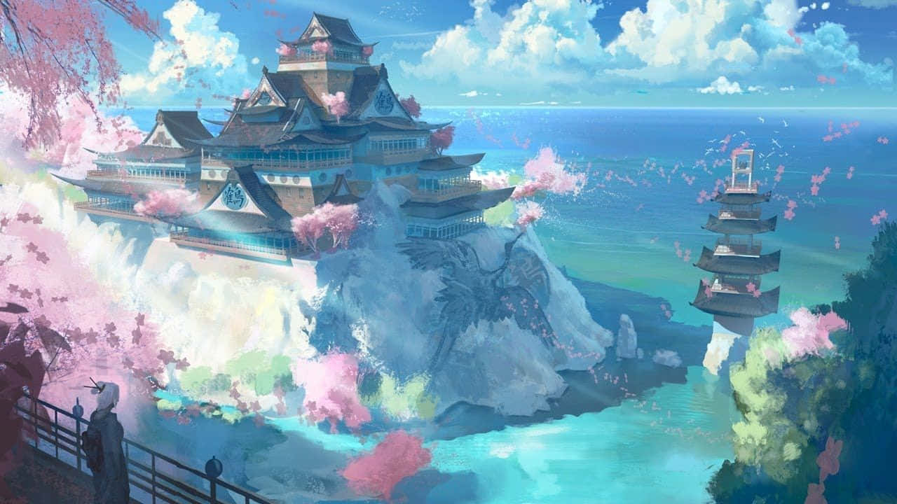 Relaxation 桌布 壁紙 — 一座寧靜的動漫風格城堡坐落在懸崖邊，周圍環繞著盛開的櫻花和碧綠的海洋，在明亮的藍天下。