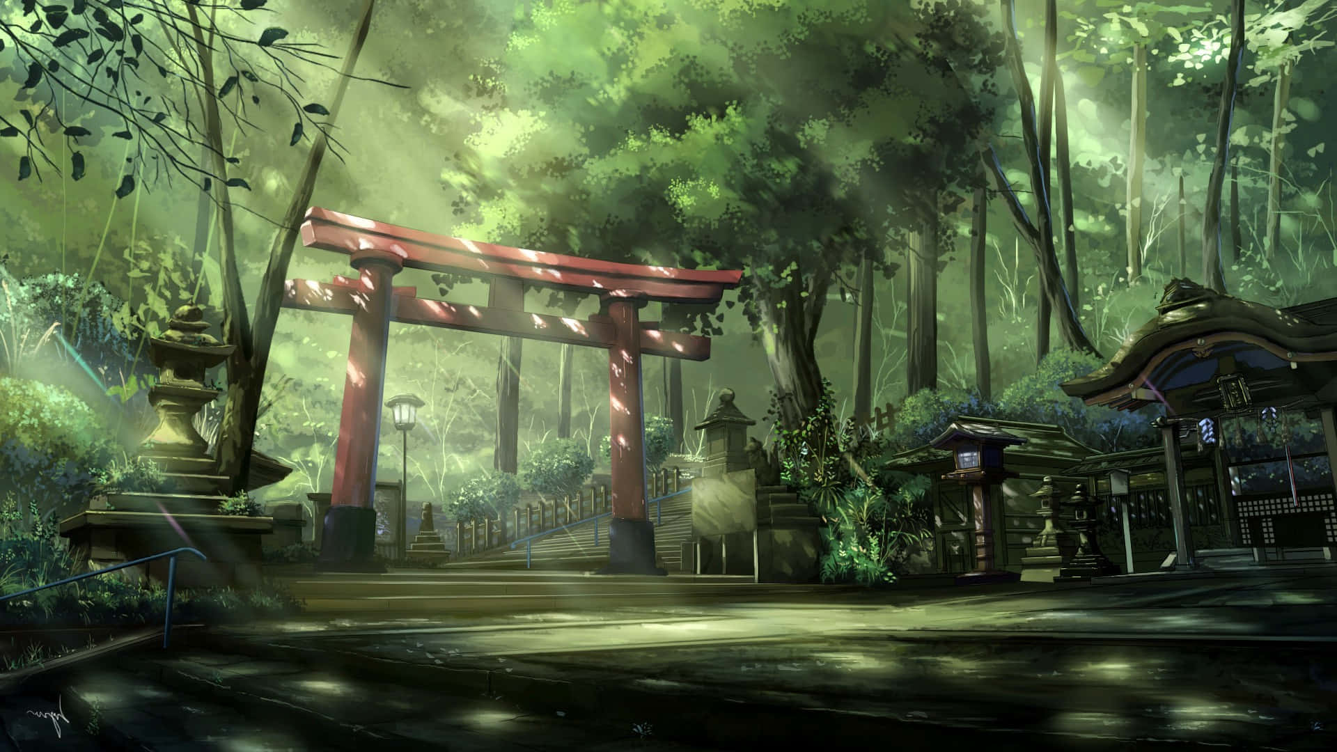 動畫風景動圖 桌布 壁紙 — 一座寧靜的動漫風格神社，紅色鳥居矗立在茂密的綠色森林中，沐浴在柔和的晨光中。