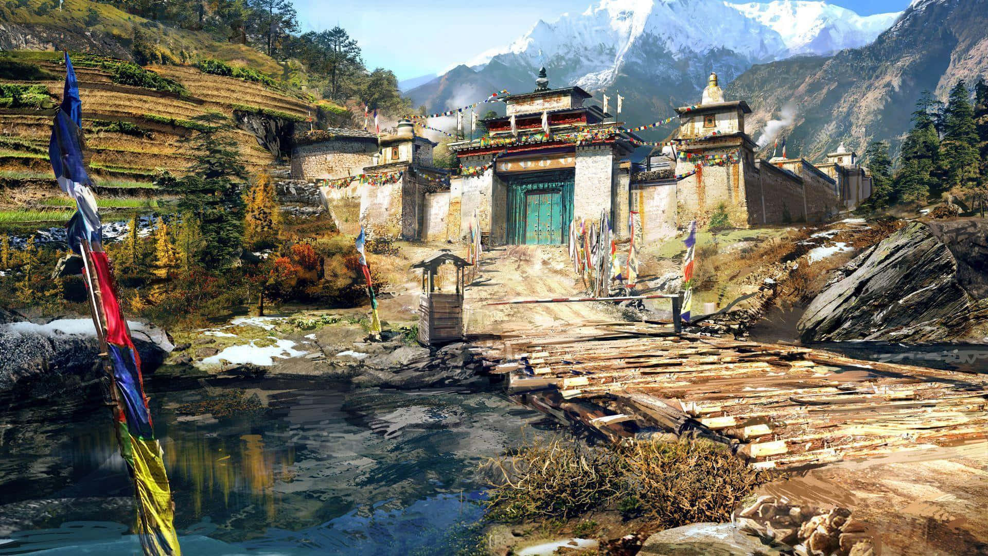 Far Cry 4 桌布 壁紙 — 一座寧靜的喜馬拉雅寺院，經幡飄揚，矗立在雪峰下的河邊。