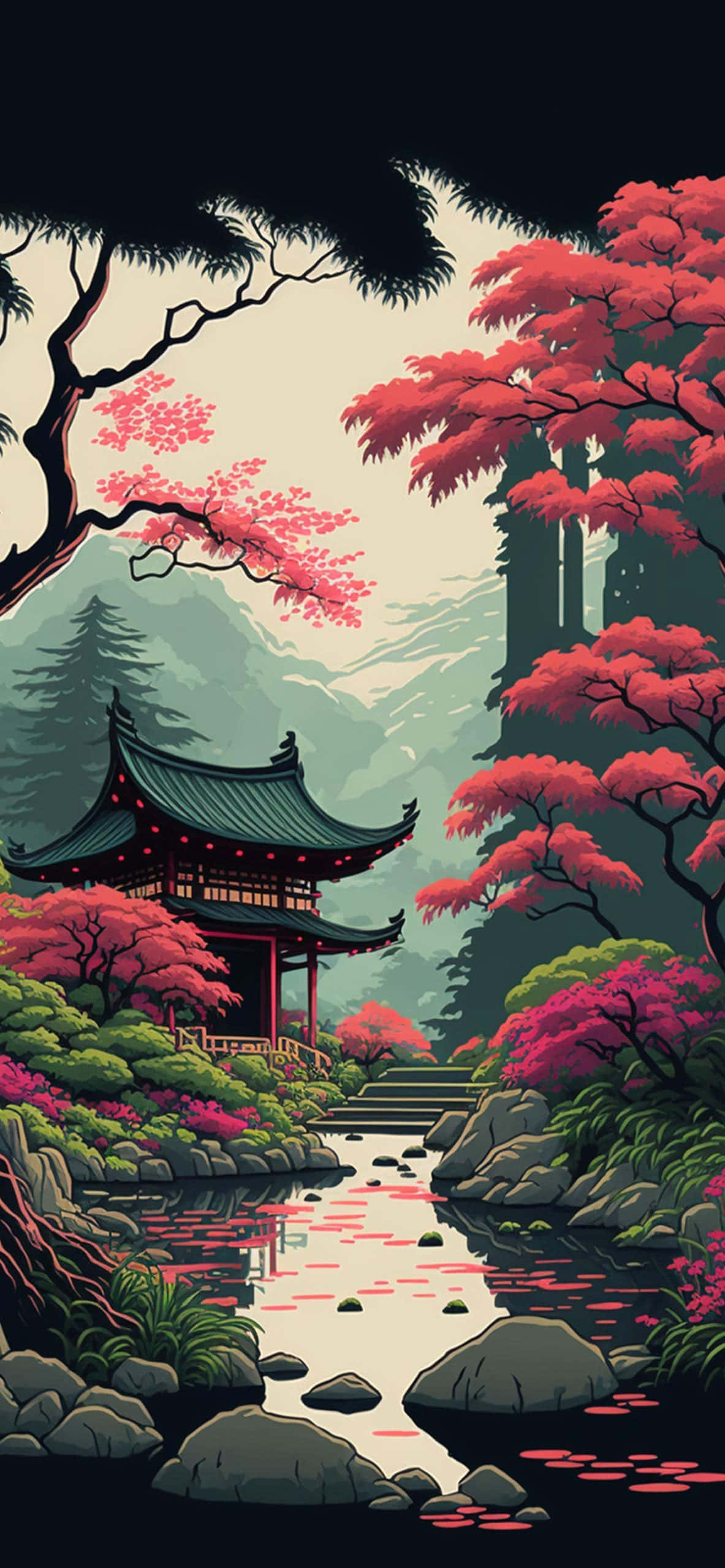 美學藝術 桌布 壁紙 — 一座寧靜的日本亭閣，坐落在秋天反射著光線的小溪旁，被鮮豔的粉紅色楓樹環繞。