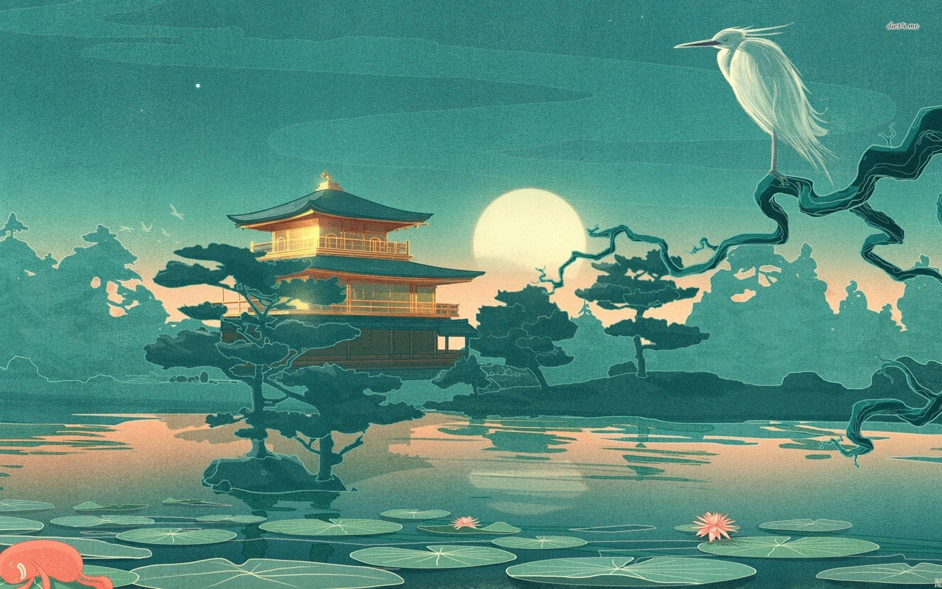 青色GIF 桌布 壁紙 — 一座寧靜的日本寶塔在滿月下在寧靜的池塘邊溫暖地發光，一隻白鷺棲息在彎曲的樹枝上。