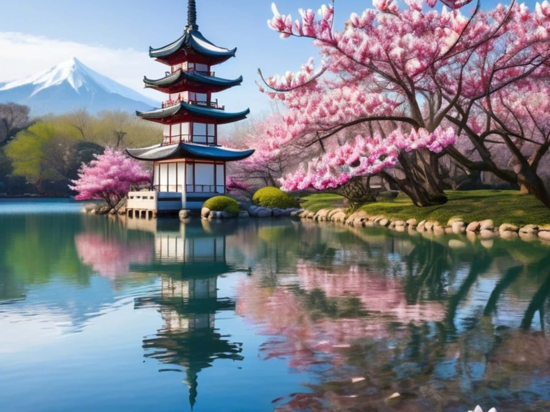 Japnese landscape featuring a tranquil lake, cherry blossom tres, a shrine and mountains. 壁紙 — 一座寧靜的日本寶塔矗立在平靜的湖邊，倒映著粉紅色的櫻花和遠處的雪山。
