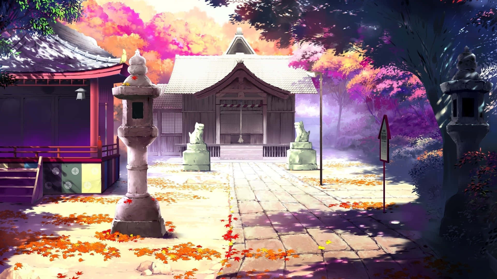 Beautiful Anime Scenery 桌布 壁紙 — 一座寧靜的日本神社沐浴在鮮豔的秋色中，落葉紛飛，石燈籠投下柔和的陰影。