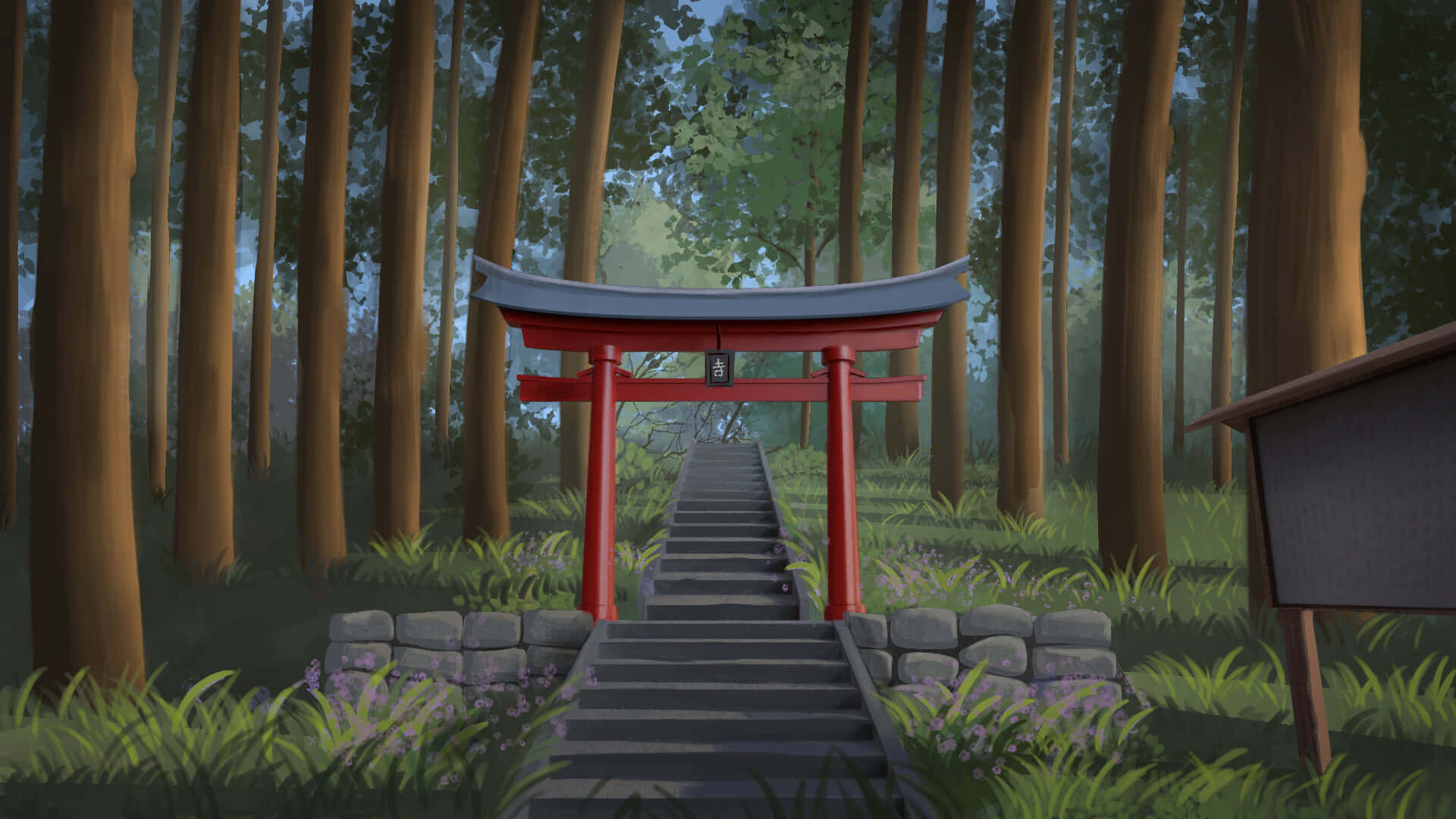 Shinto 桌布 壁紙 — 一座寧靜的紅色鳥居矗立在森林邊緣，兩旁是高聳的樹木和石階，向上延伸至霧氣瀰漫的綠意中。
