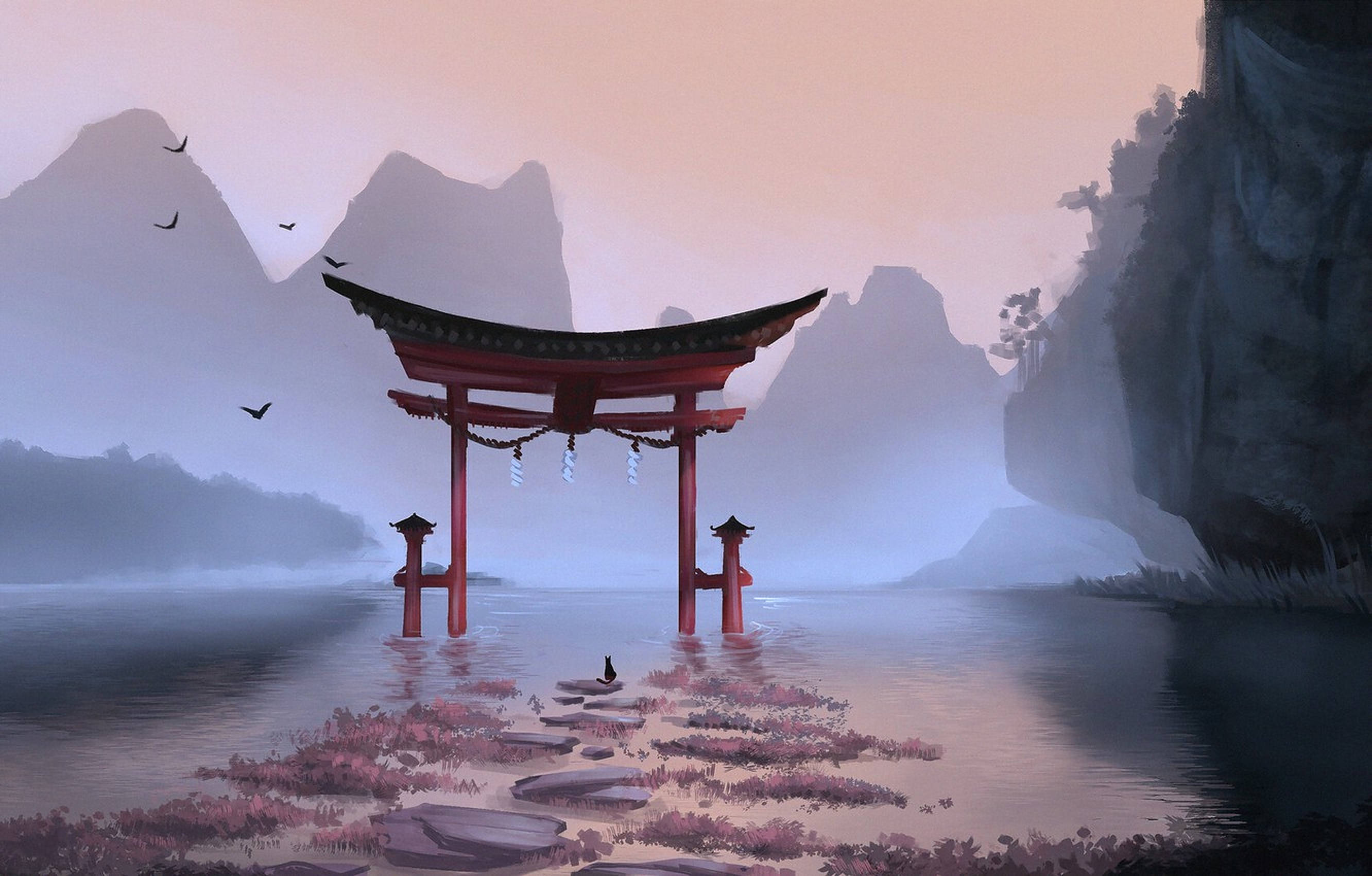 Torii 桌布 壁紙 — 一座寧靜的紅色鳥居矗立在霧氣瀰漫的水中，石階通向它，四周環繞著山脈和黎明時飛翔的鳥兒。
