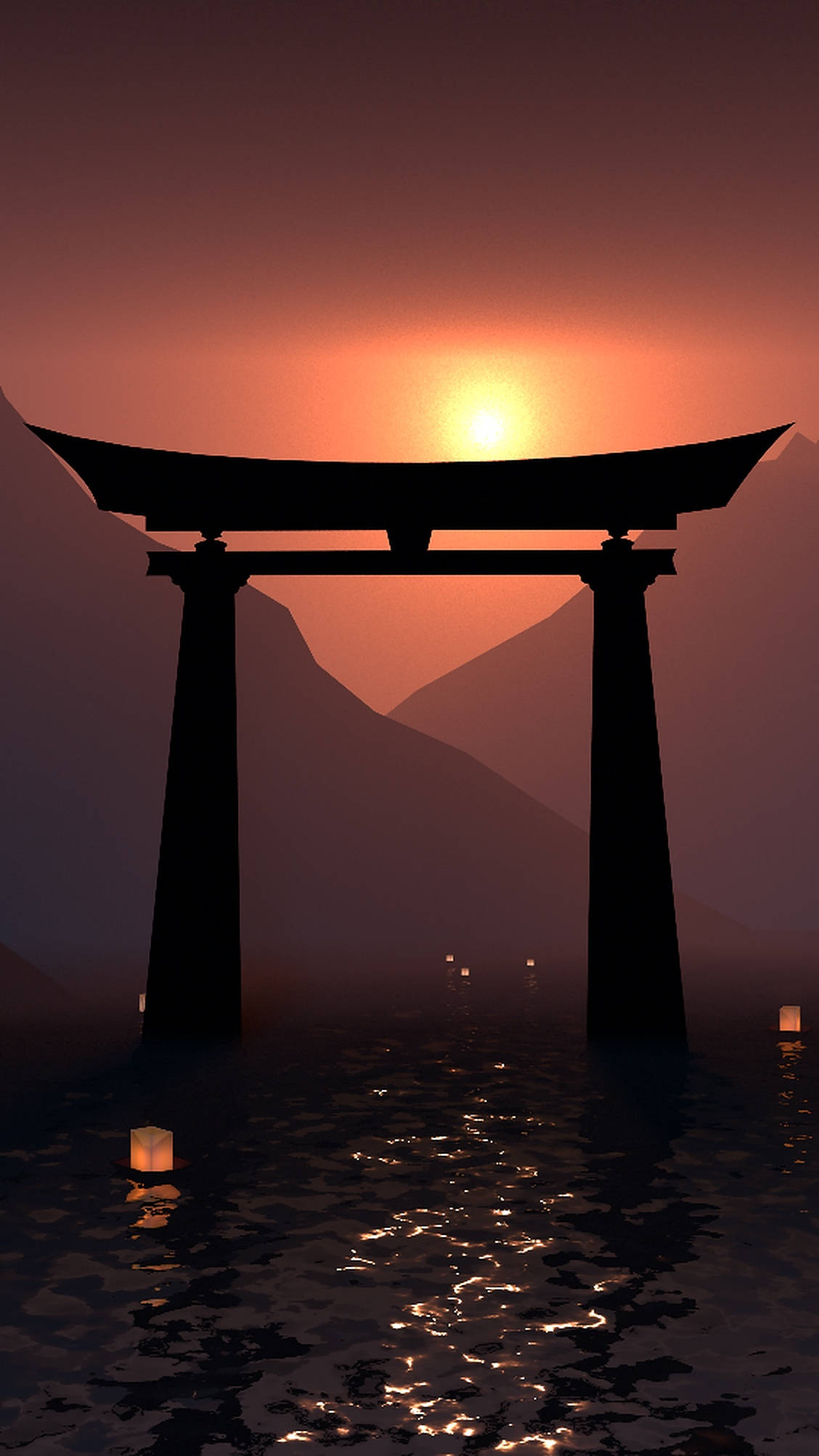 Torii 桌布 壁紙 — 一座寧靜的鳥居在霧氣瀰漫的水面上，襯托著閃耀的夕陽，與漂浮的燈籠形成剪影。