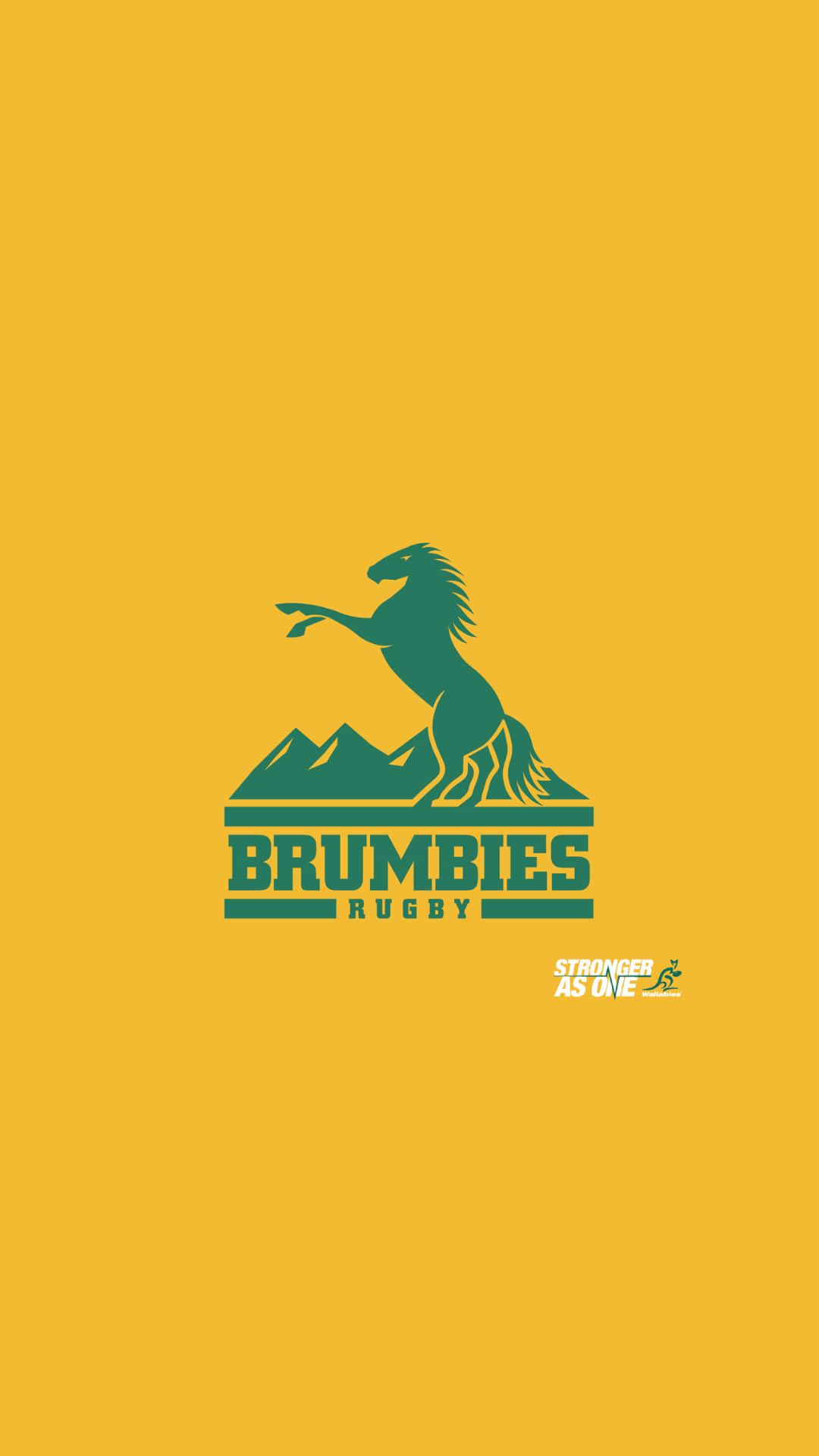 Brumbies 桌布 壁紙 — 一座山上有一匹馬站立的醒目綠色剪影，並在純黃色背景上印有「BRUMBIES RUGBY」文字。